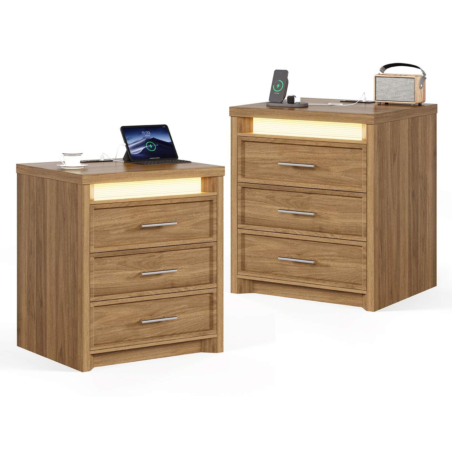 2PCS Nightstand with 3 Drawers and Led Lights Natural