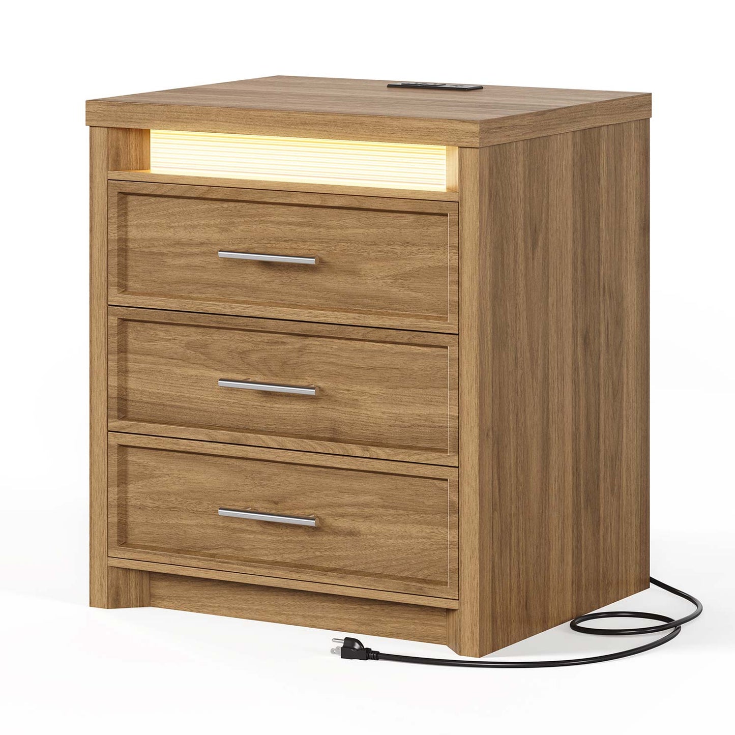 2PCS Nightstand with 3 Drawers and Led Lights Natural