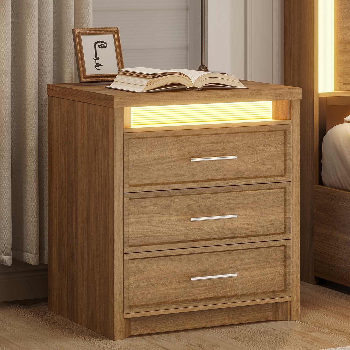 2PCS Nightstand with 3 Drawers and Led Lights Natural