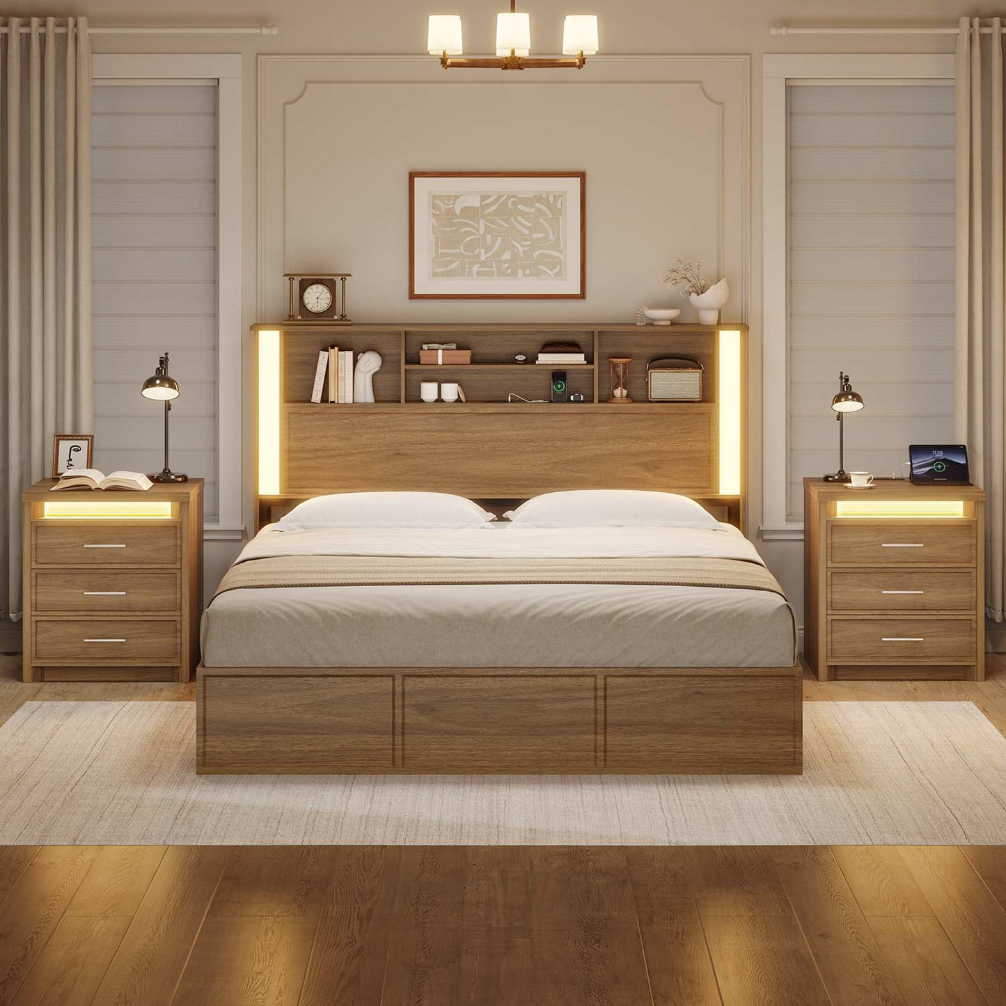 2PCS Nightstand with 3 Drawers and Led Lights Natural