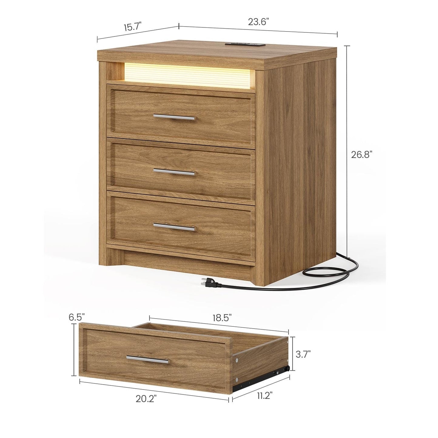 2PCS Nightstand with 3 Drawers and Led Lights Natural