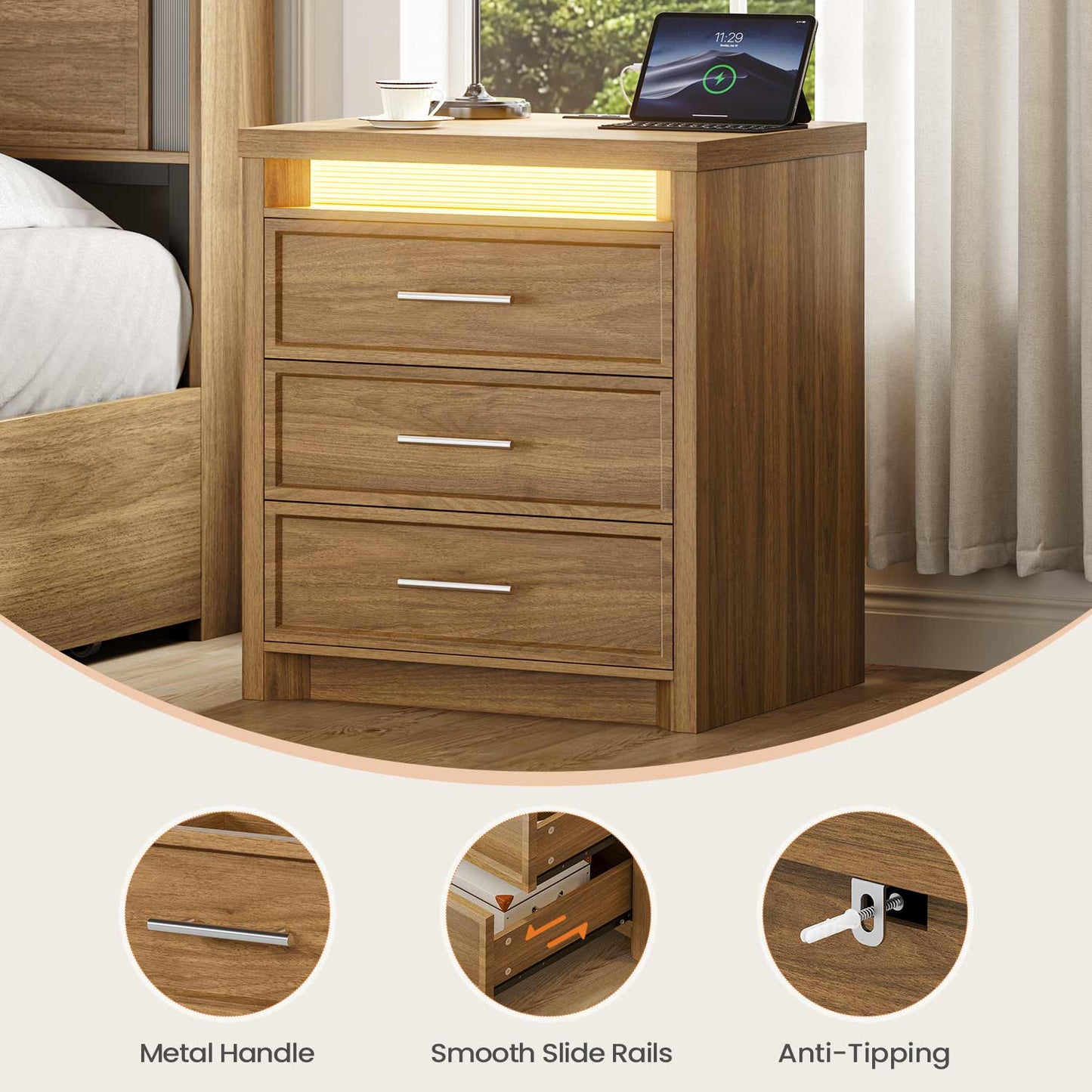 2PCS Nightstand with 3 Drawers and Led Lights Natural