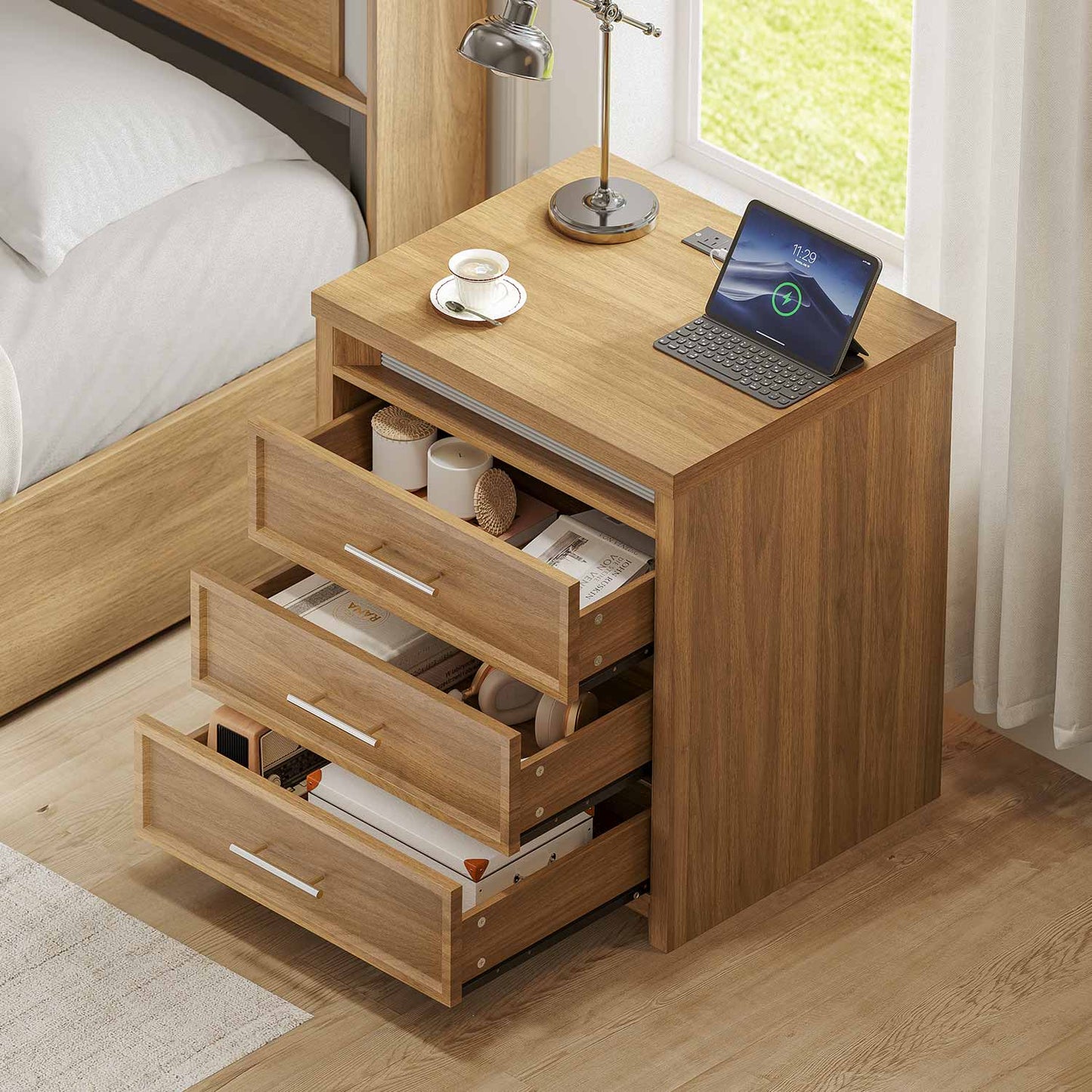 2PCS Nightstand with 3 Drawers and Led Lights Natural