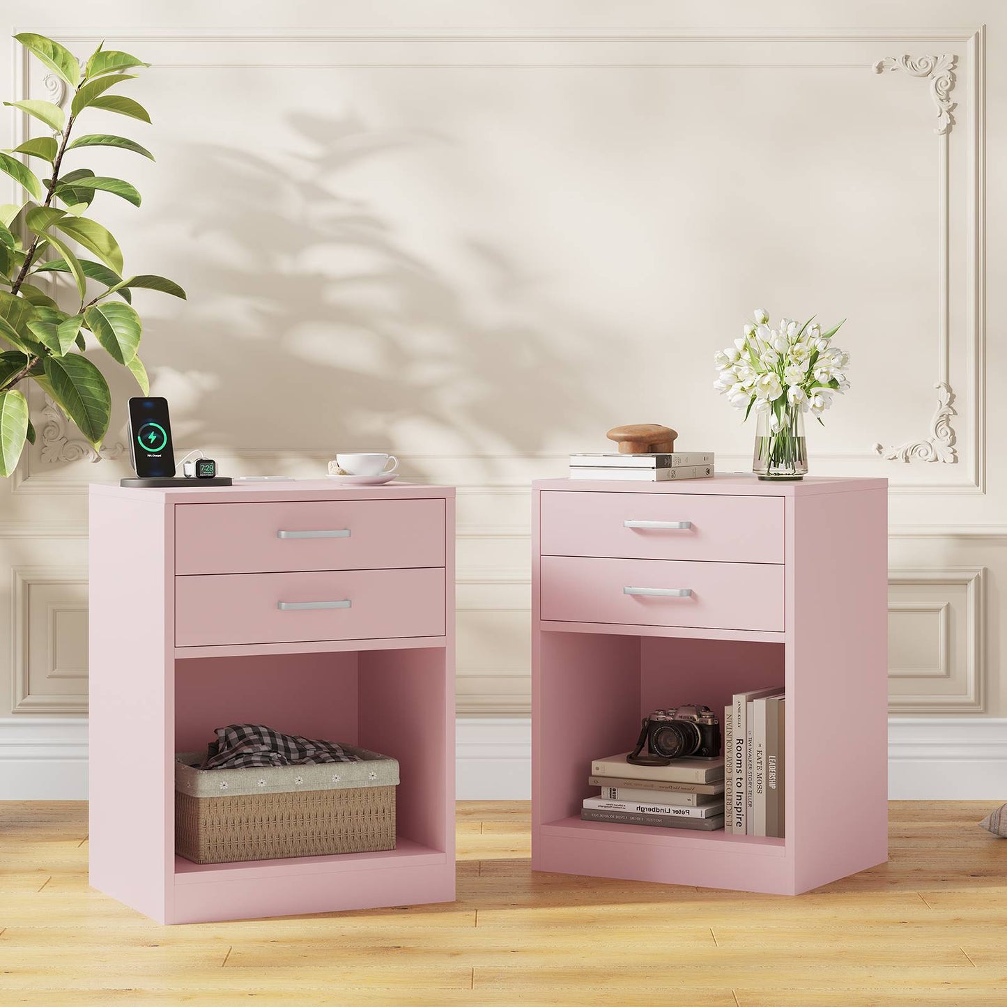 2Pcs Nightstand with Charging Station Pink