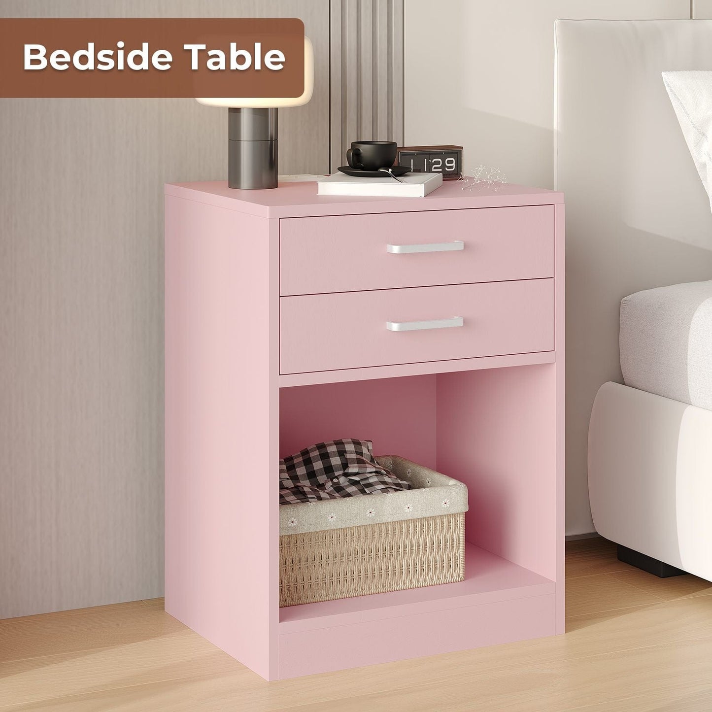 2Pcs Nightstand with Charging Station Pink