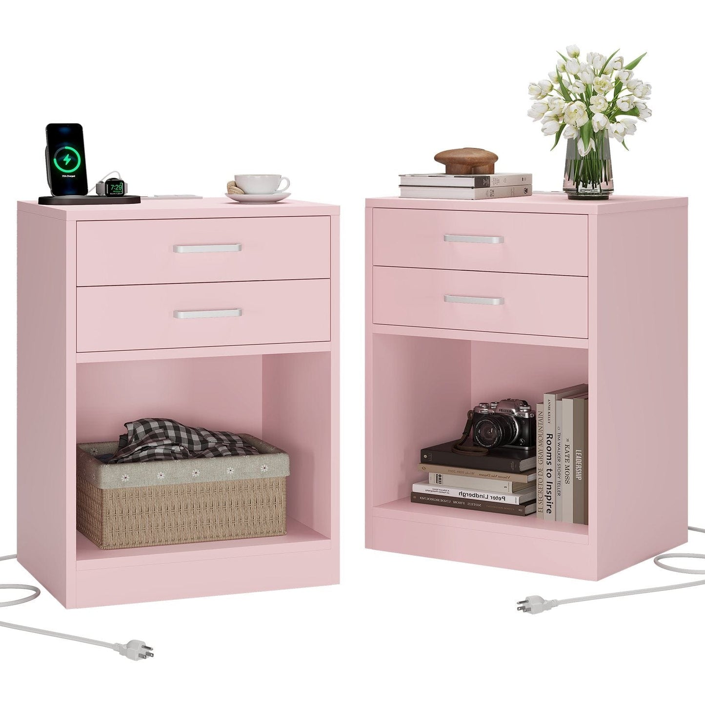 2Pcs Nightstand with Charging Station Pink