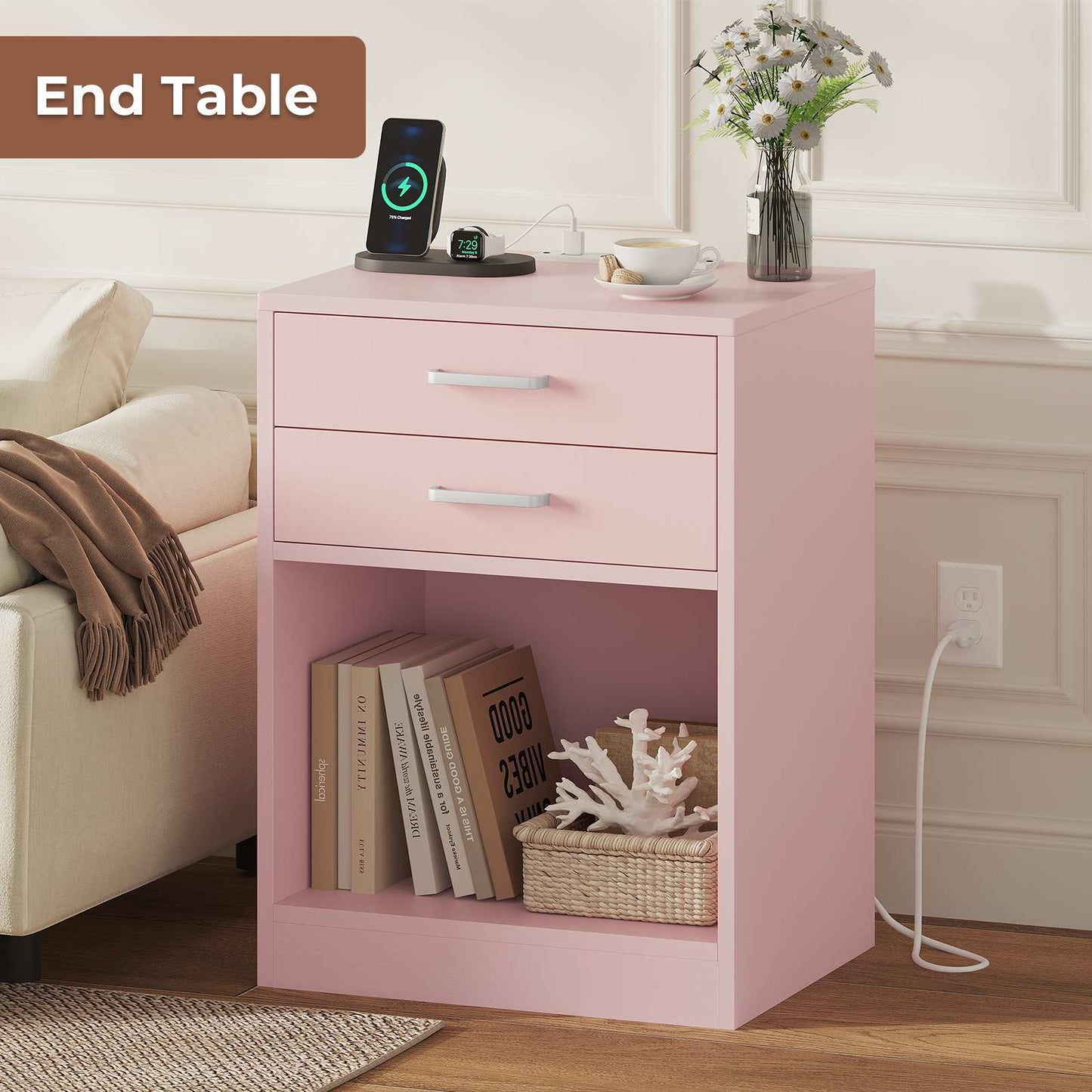 2Pcs Nightstand with Charging Station Pink
