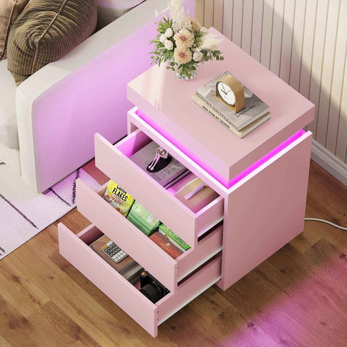 2PCS Nightstand with LED Lights Charging Station Pink