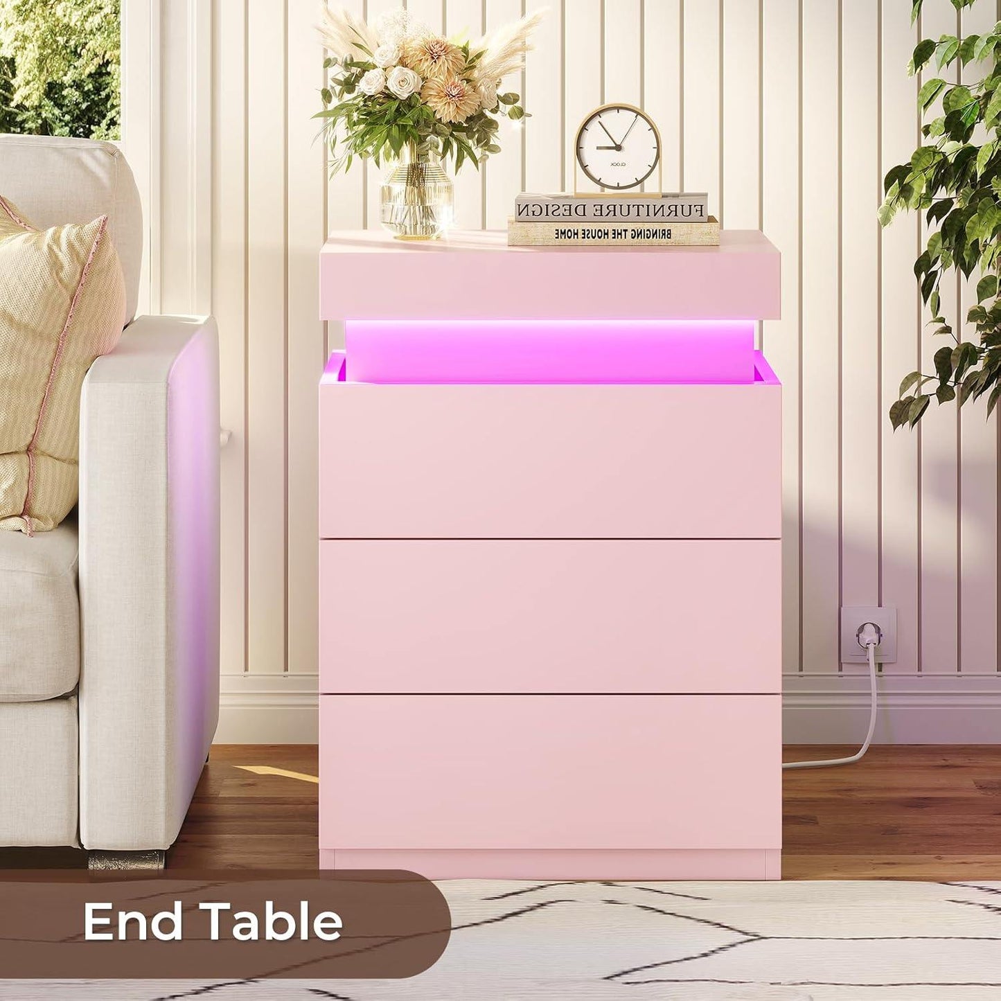 2PCS Nightstand with LED Lights Charging Station Pink