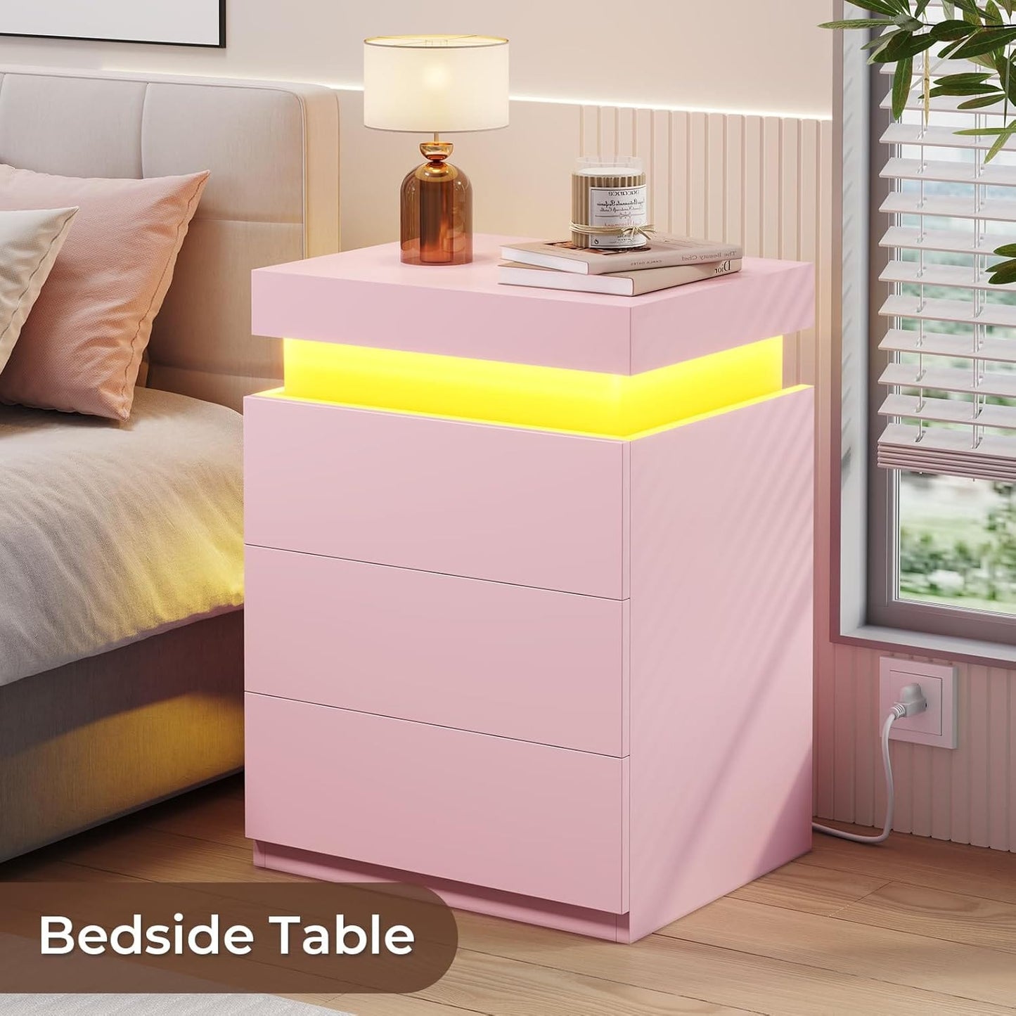 2PCS Nightstand with LED Lights Charging Station Pink