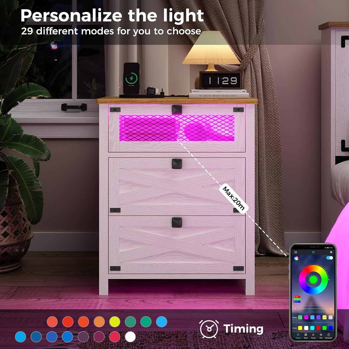 Nightstand with Charging Station and LED Lights White