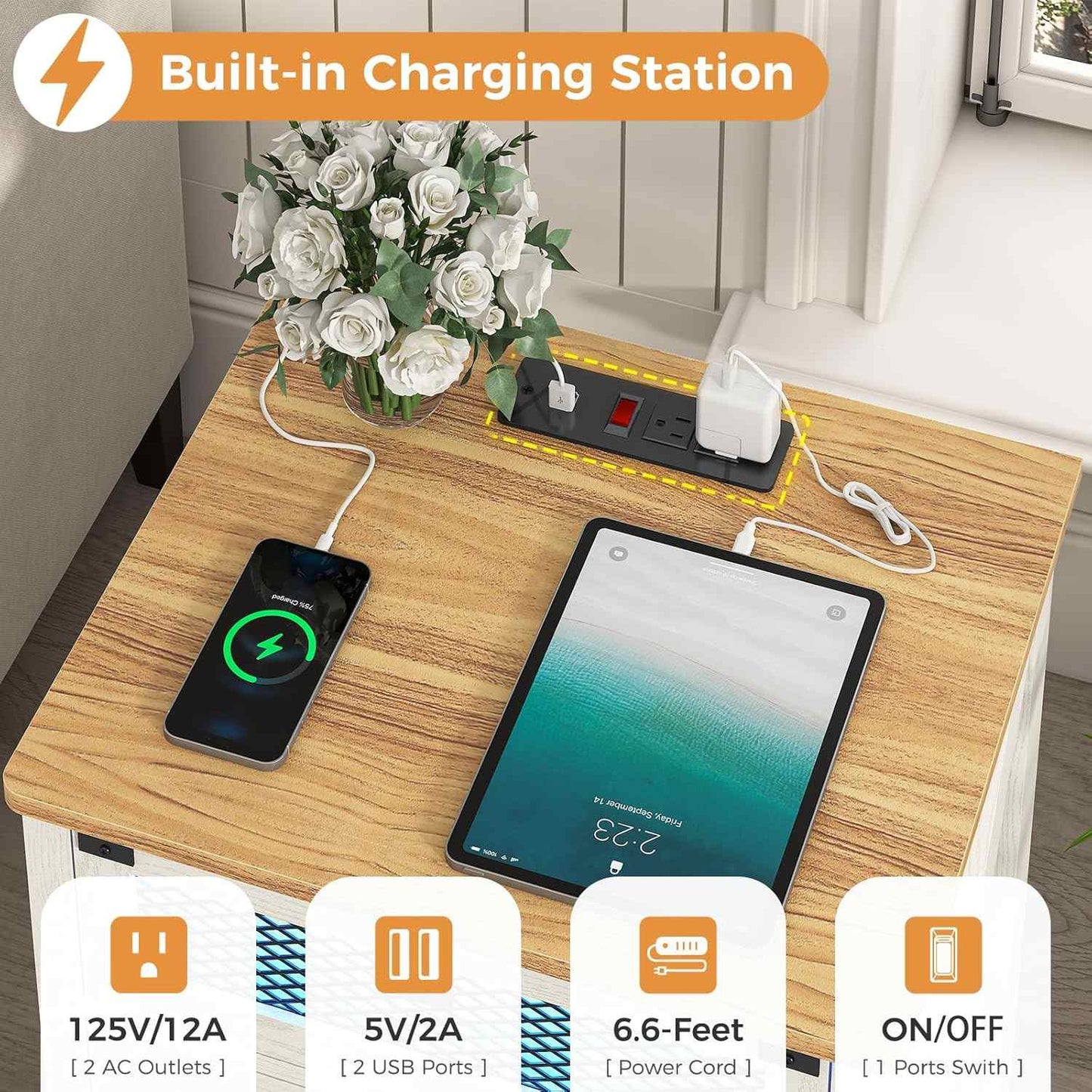 Nightstand with Charging Station and LED Lights White