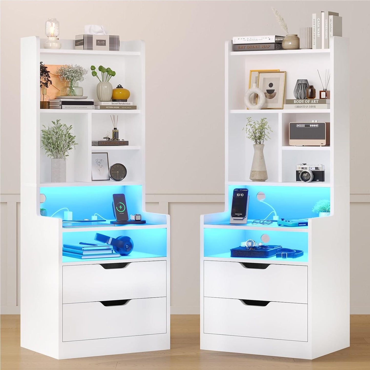 2PCS LED Tall Nightstand with Bookshelf White