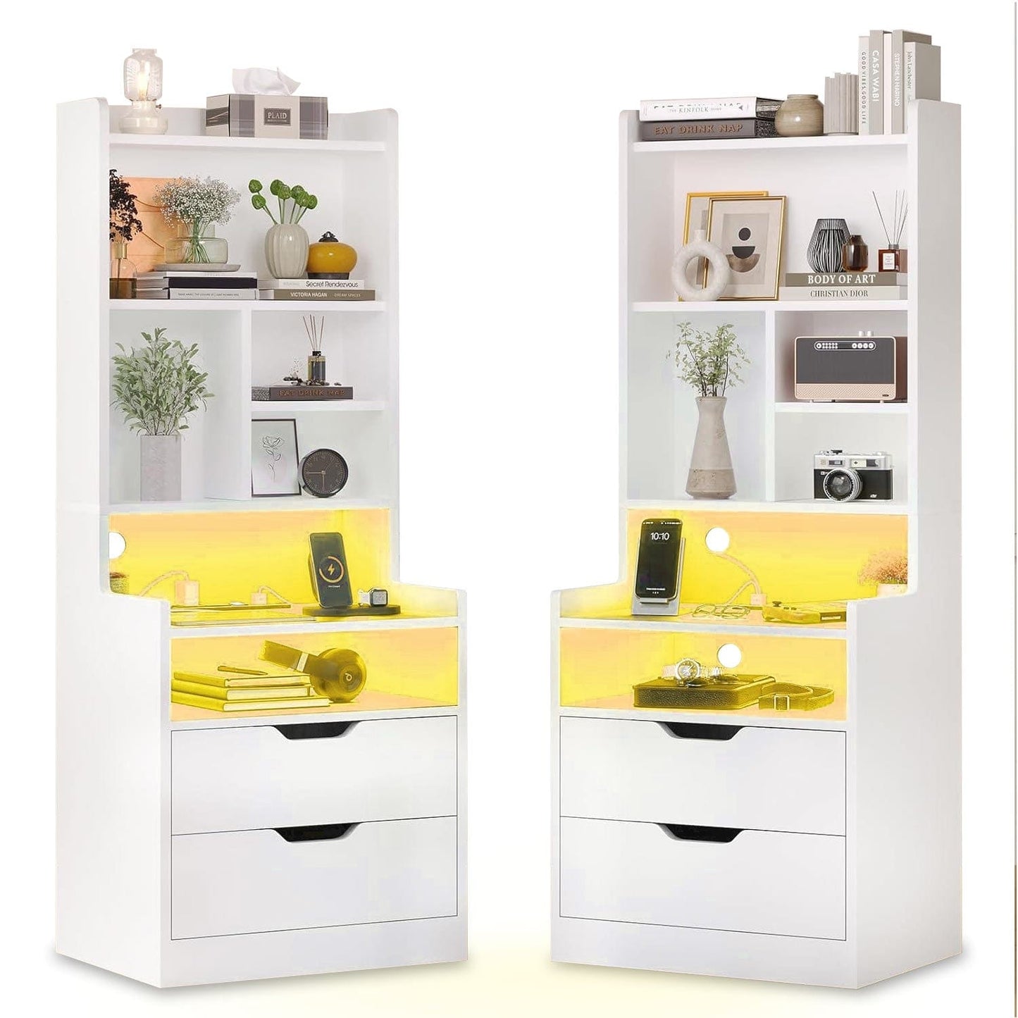2PCS LED Tall Nightstand with Bookshelf White