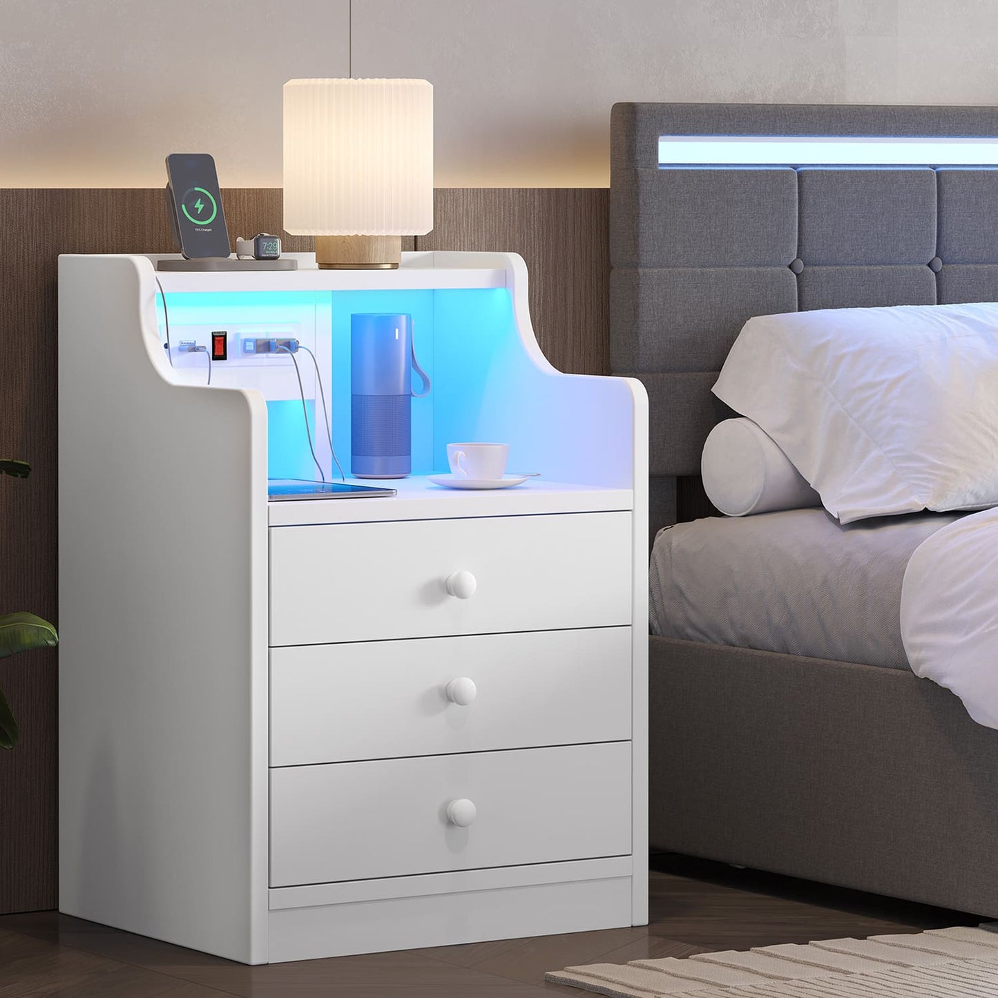 LED Nightstand with 3 Storage Drawers White