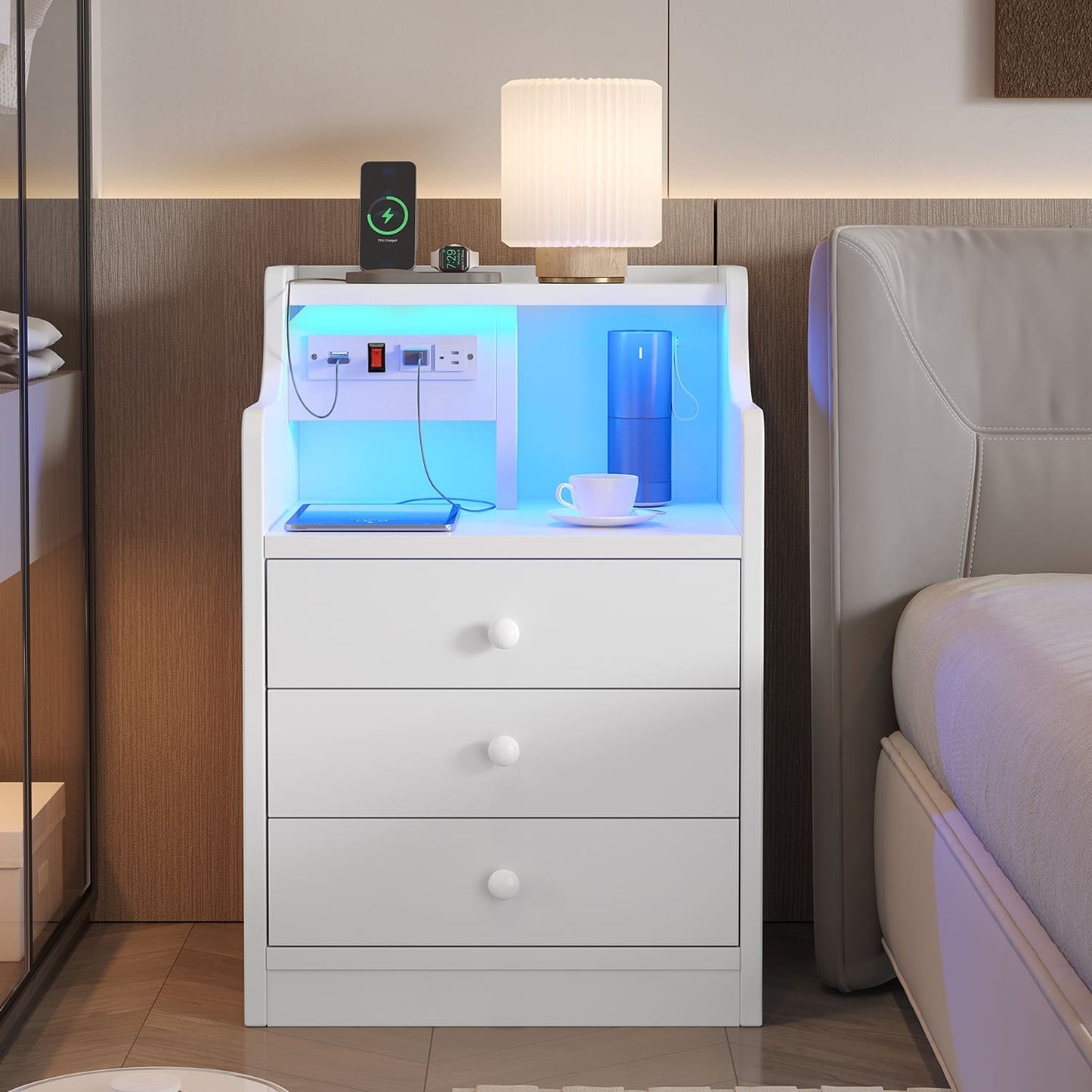 LED Nightstand with 3 Storage Drawers White