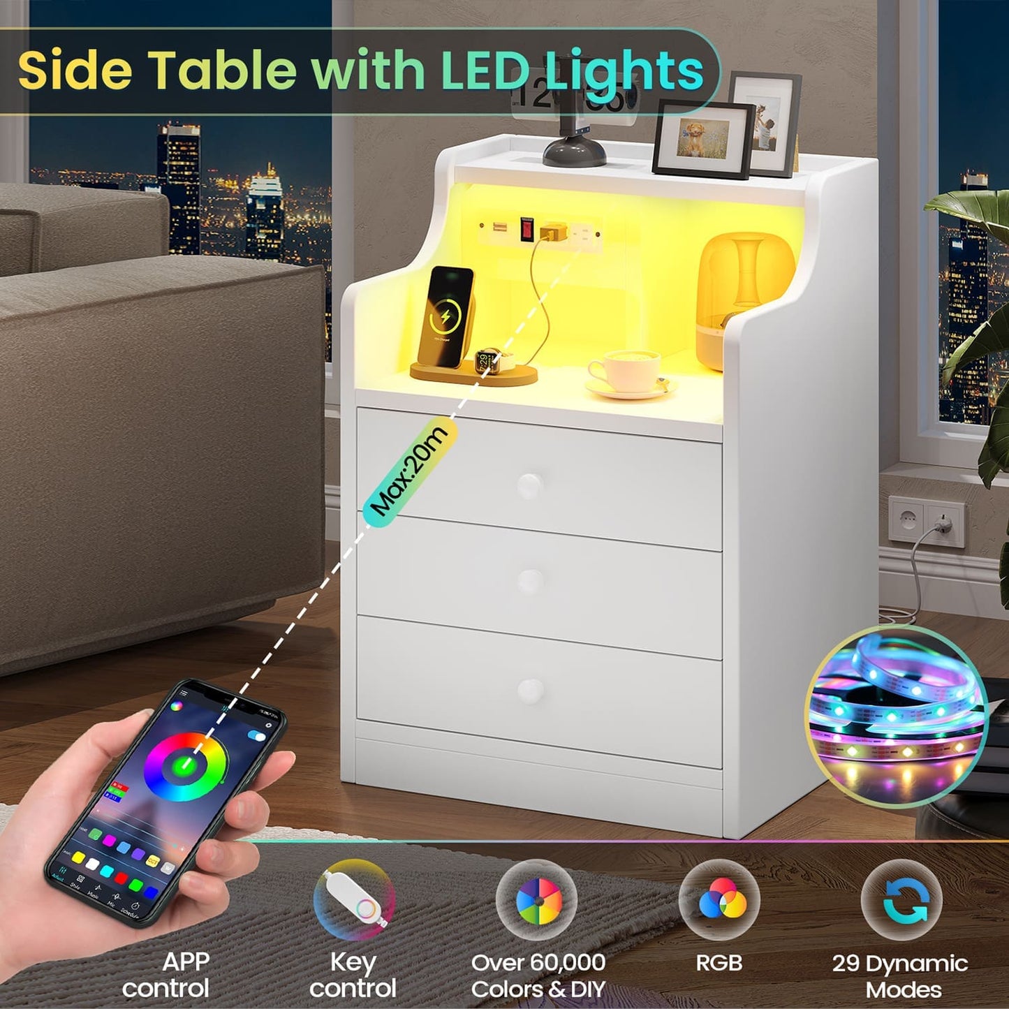 LED Nightstand with 3 Storage Drawers White