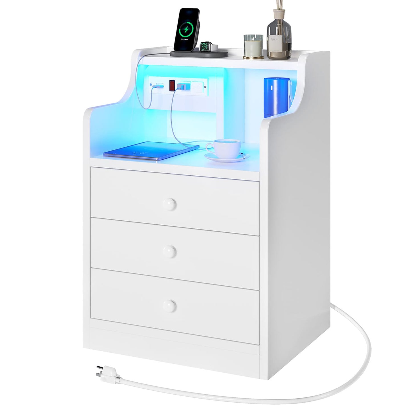LED Nightstand with 3 Storage Drawers White