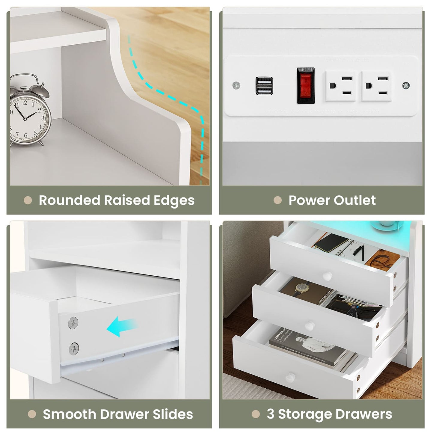 LED Nightstand with 3 Storage Drawers White
