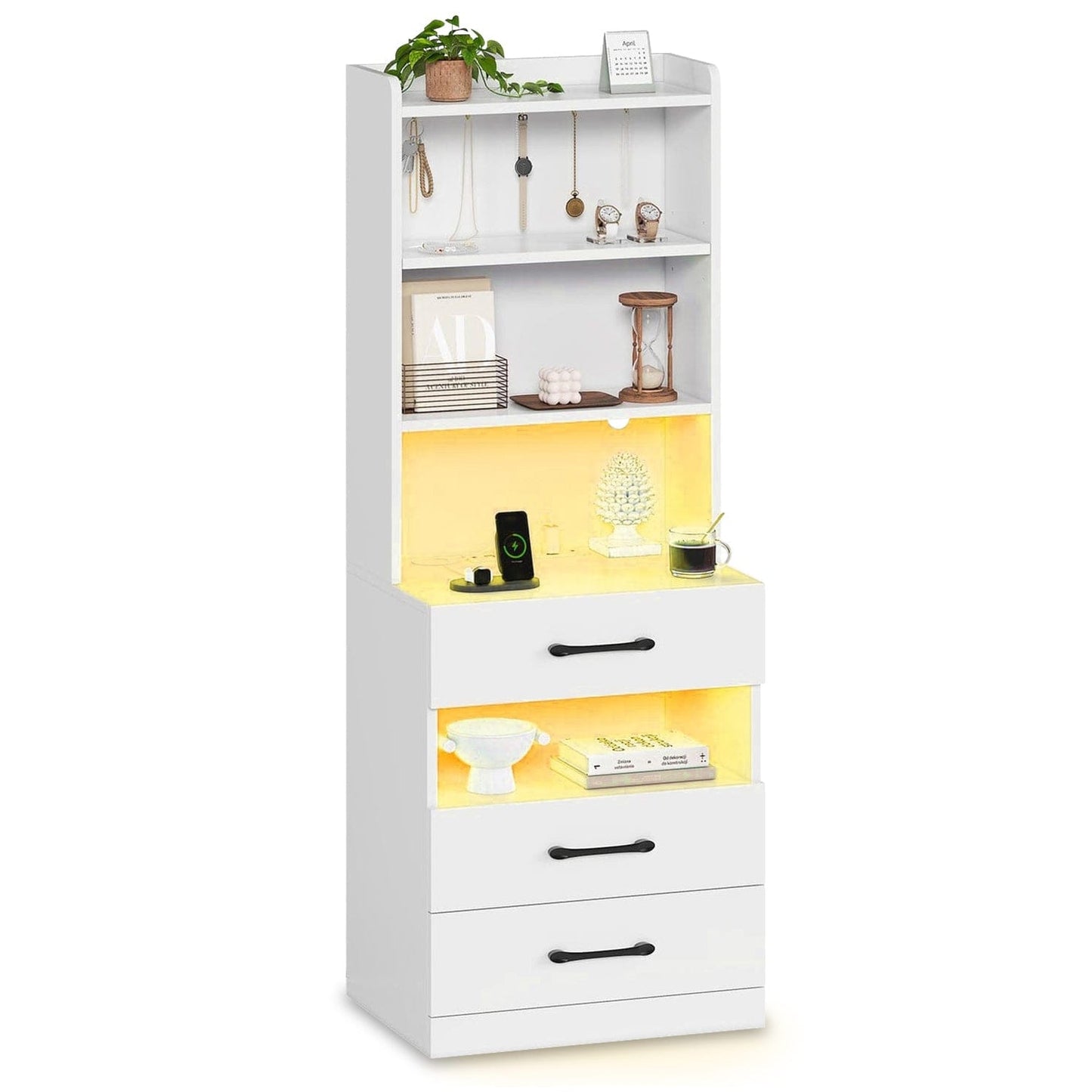 LED Tall Nightstand with Bookshelf White