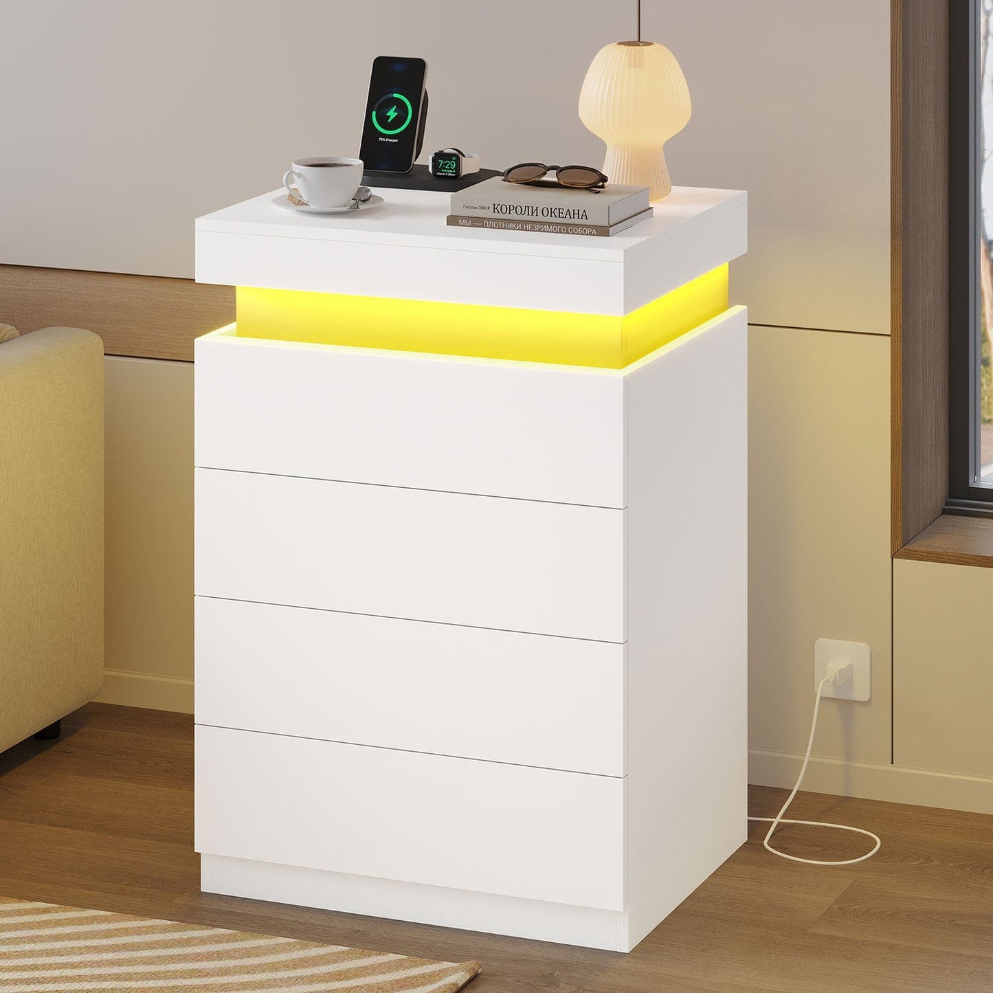 Nightstand with Sliding Top and 4 Drawers White
