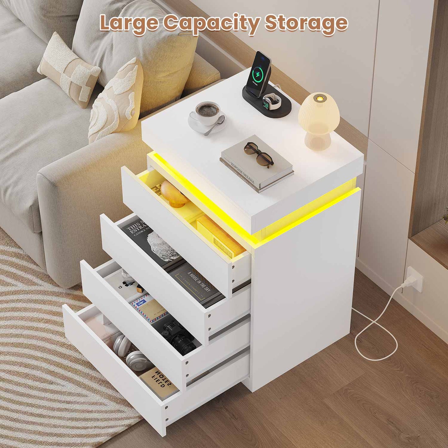 Nightstand with Sliding Top and 4 Drawers White