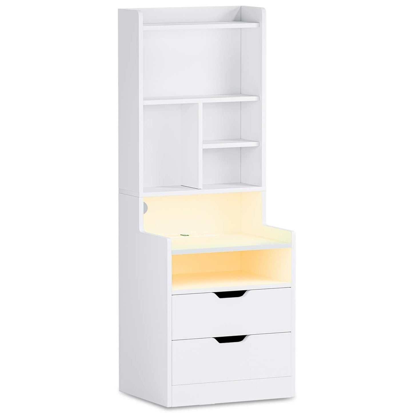LED Tall Nightstand with Bookshelf Charging Station White