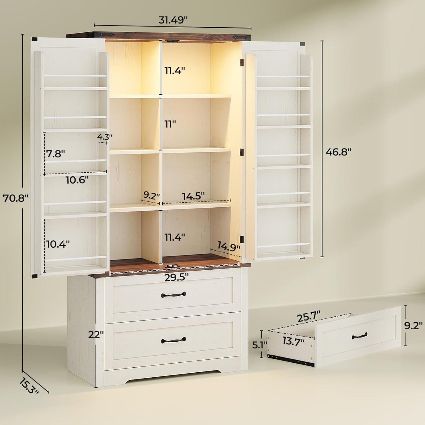 71 Inches Kitchen Pantry Cabinet with Drawer Old White Brown