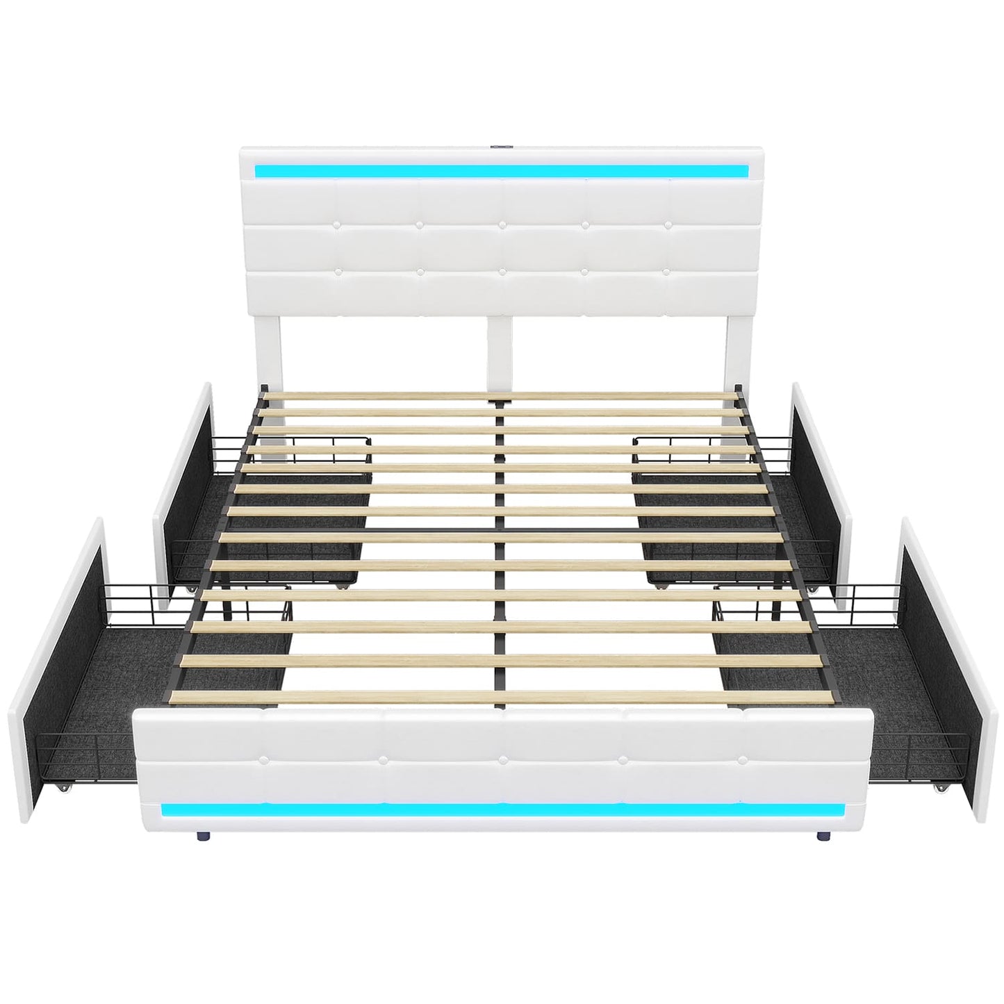 PU Leather Upholstered Bed Frame with 4 Storage Drawers White