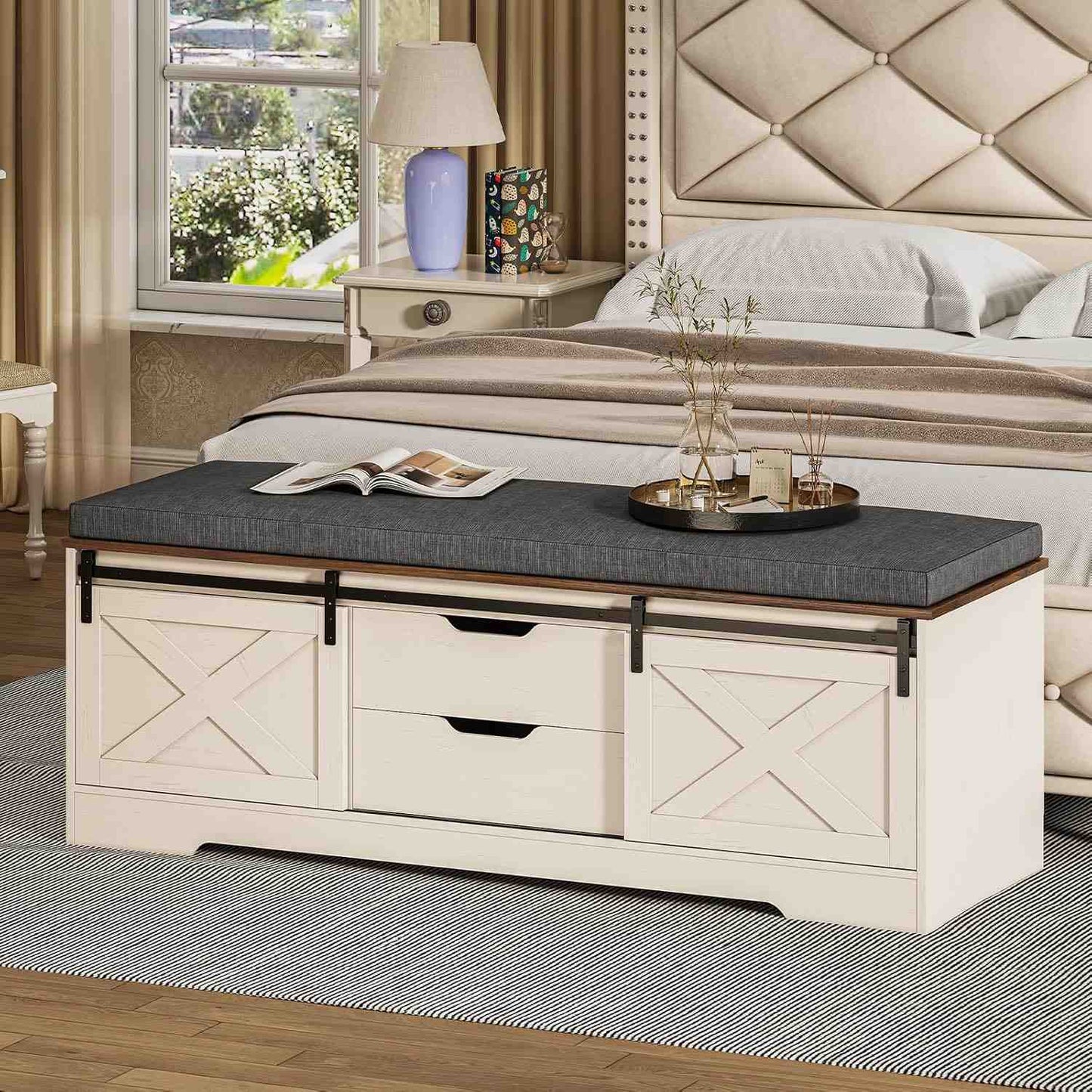 Shoe Benches with Cushion and Sliding Barn Doors White
