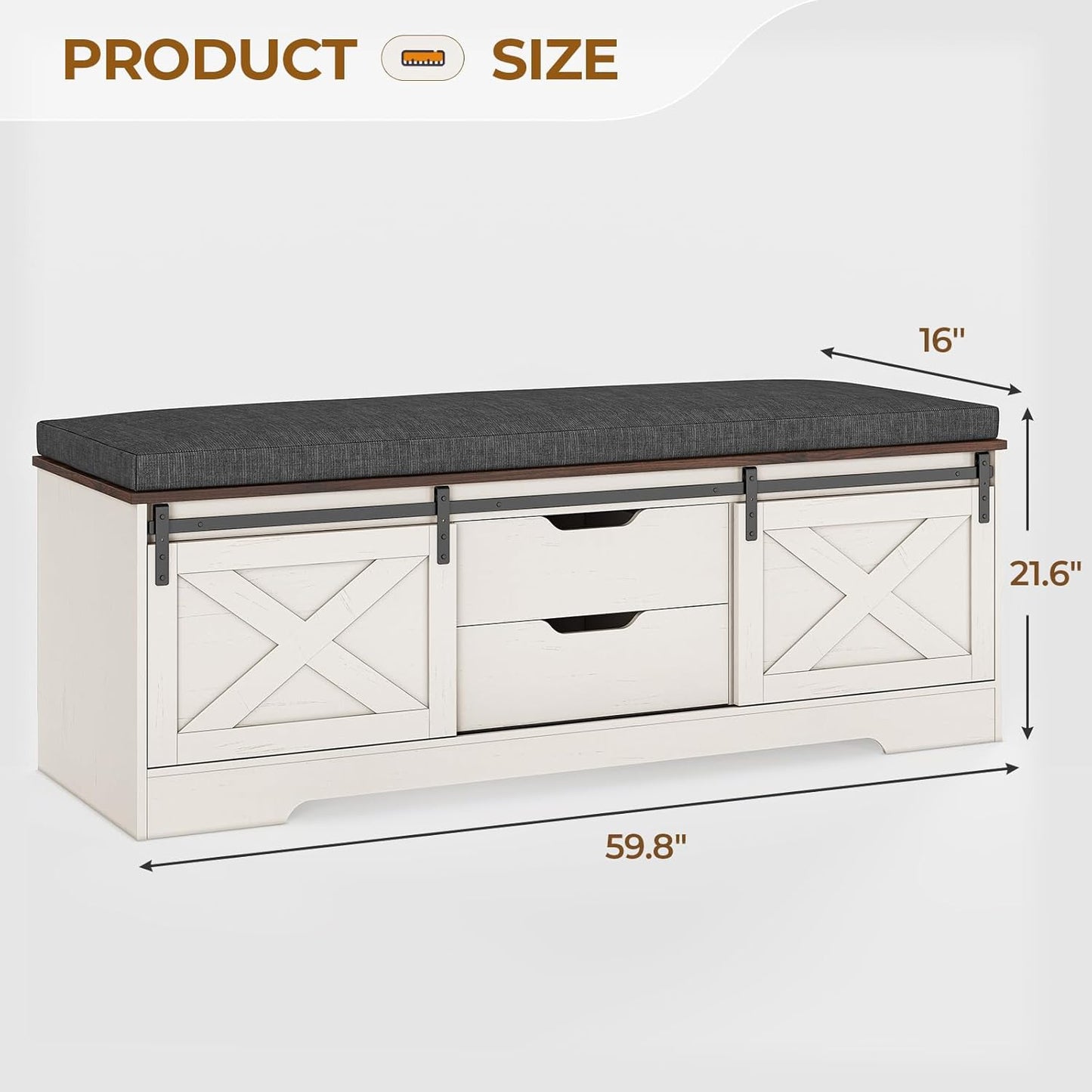 Shoe Benches with Cushion and Sliding Barn Doors White