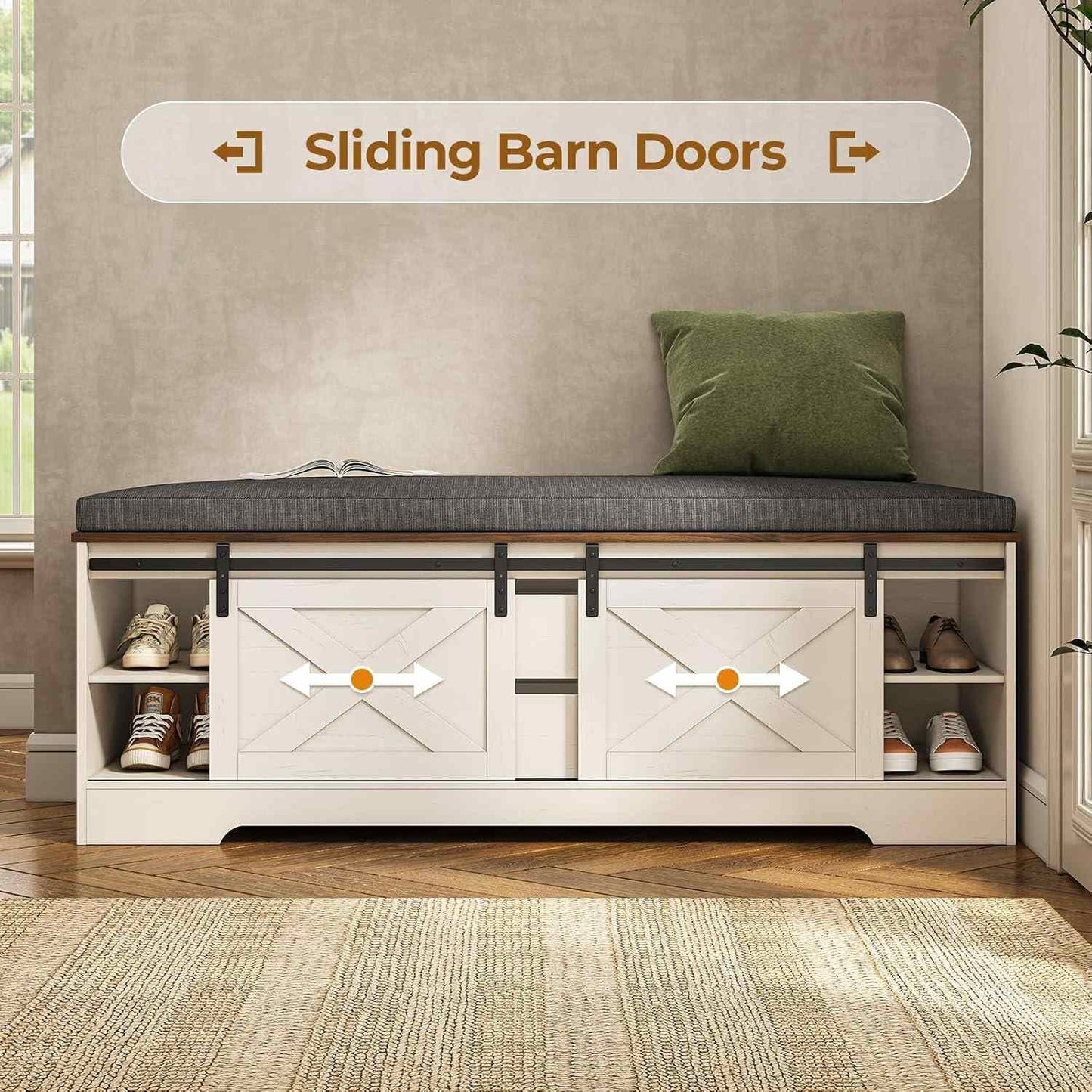 Shoe Benches with Cushion and Sliding Barn Doors White