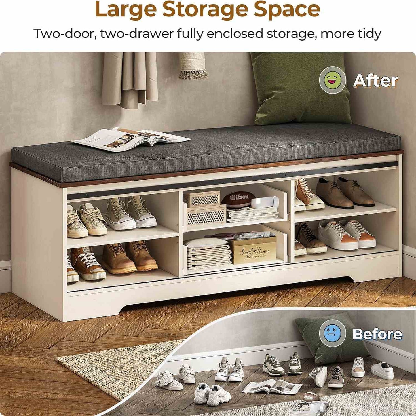 Shoe Benches with Cushion and Sliding Barn Doors White