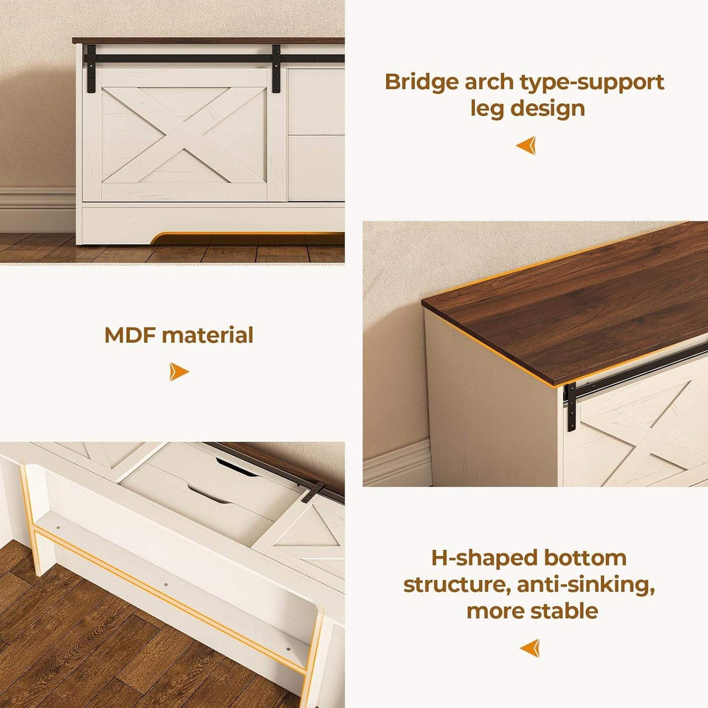 Shoe Benches with Cushion and Sliding Barn Doors White