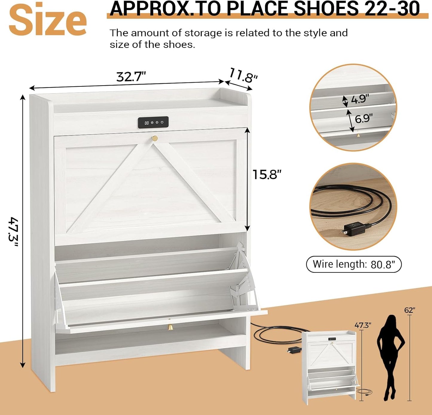 Deodorizing Shoe Cabinet with 2 Flip Drawers Walnut White