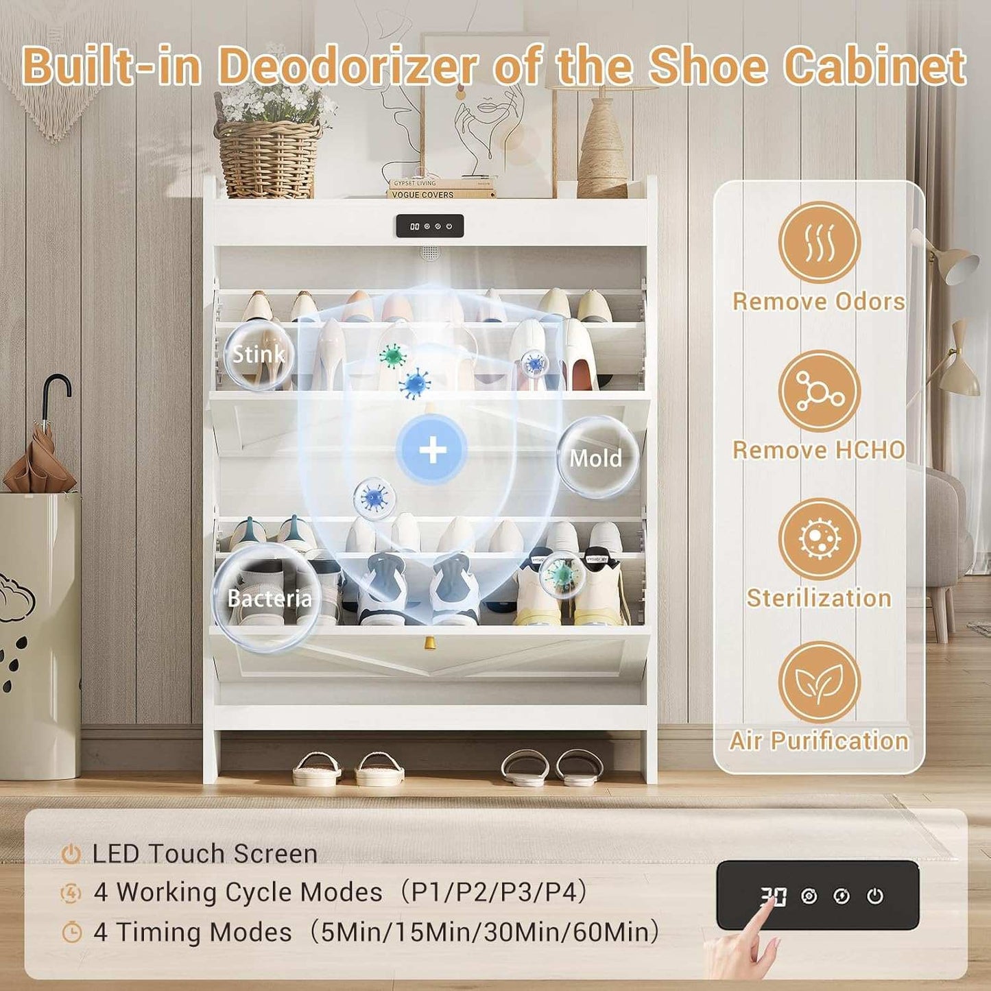 Deodorizing Shoe Cabinet with 2 Flip Drawers Walnut White
