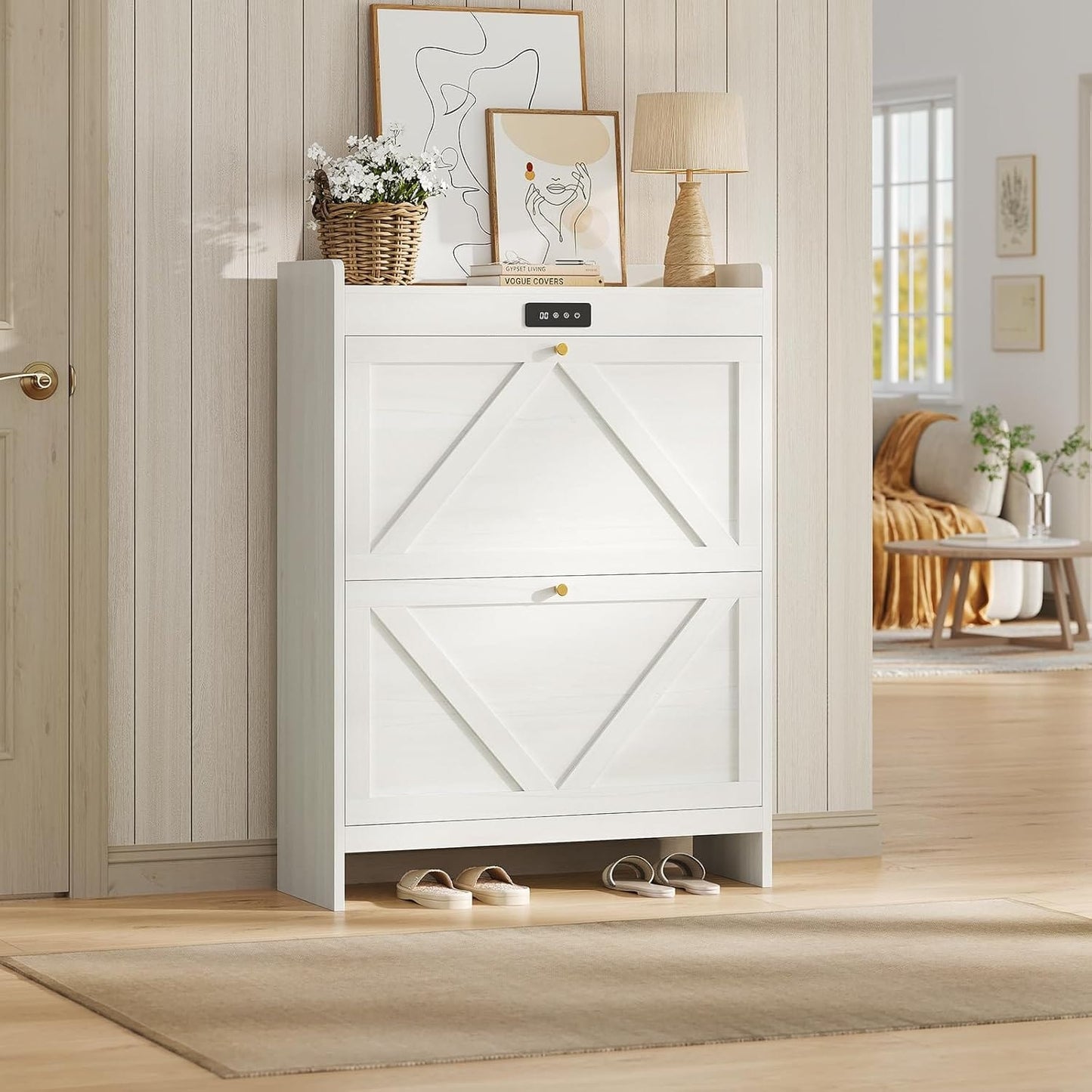 Deodorizing Shoe Cabinet with 2 Flip Drawers Walnut White