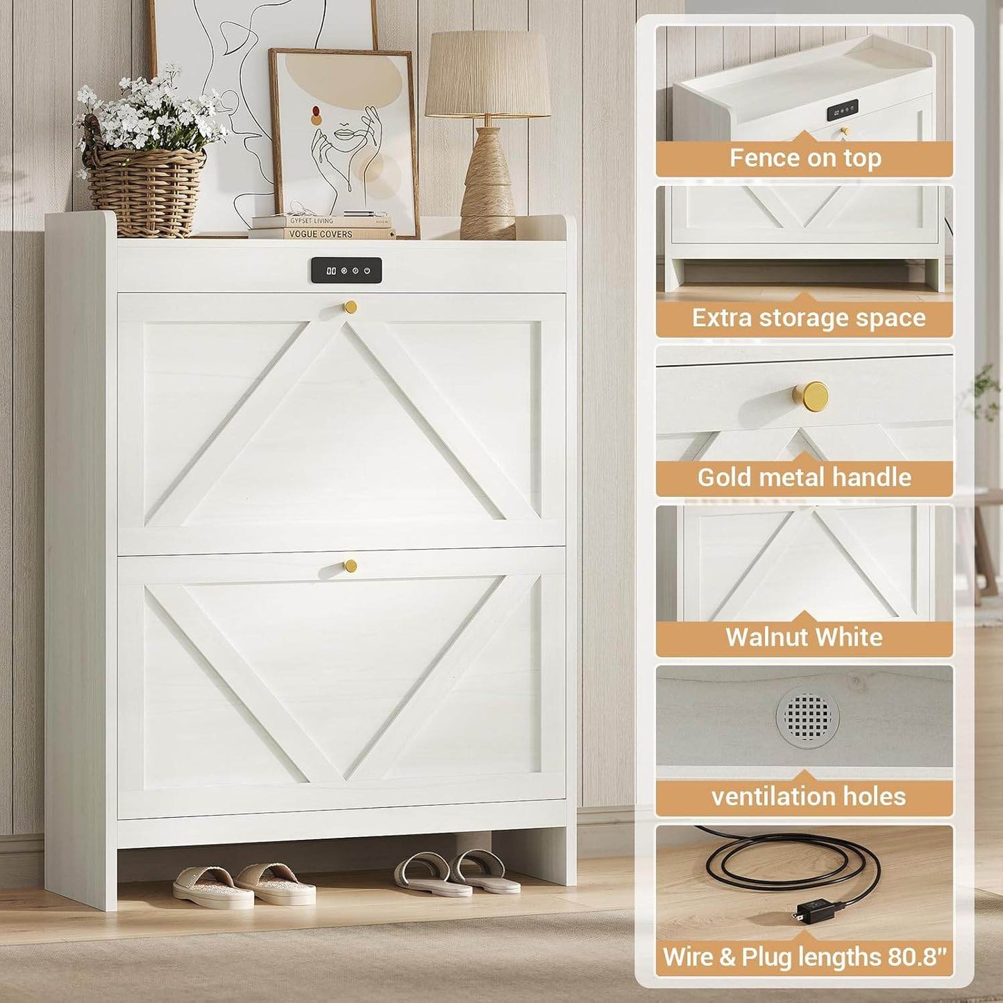 Deodorizing Shoe Cabinet with 2 Flip Drawers Walnut White