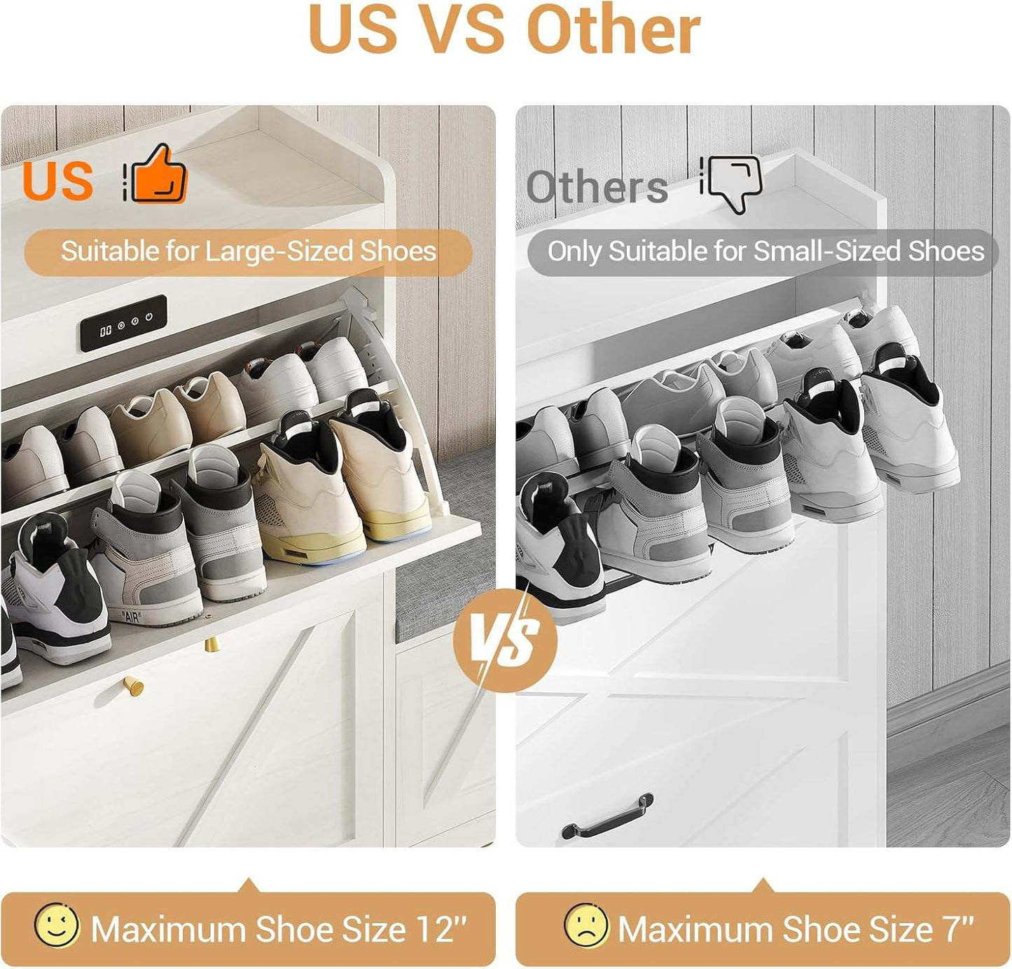 Deodorizing Shoe Benches with Bench and 2 Flip Drawers Walnut White