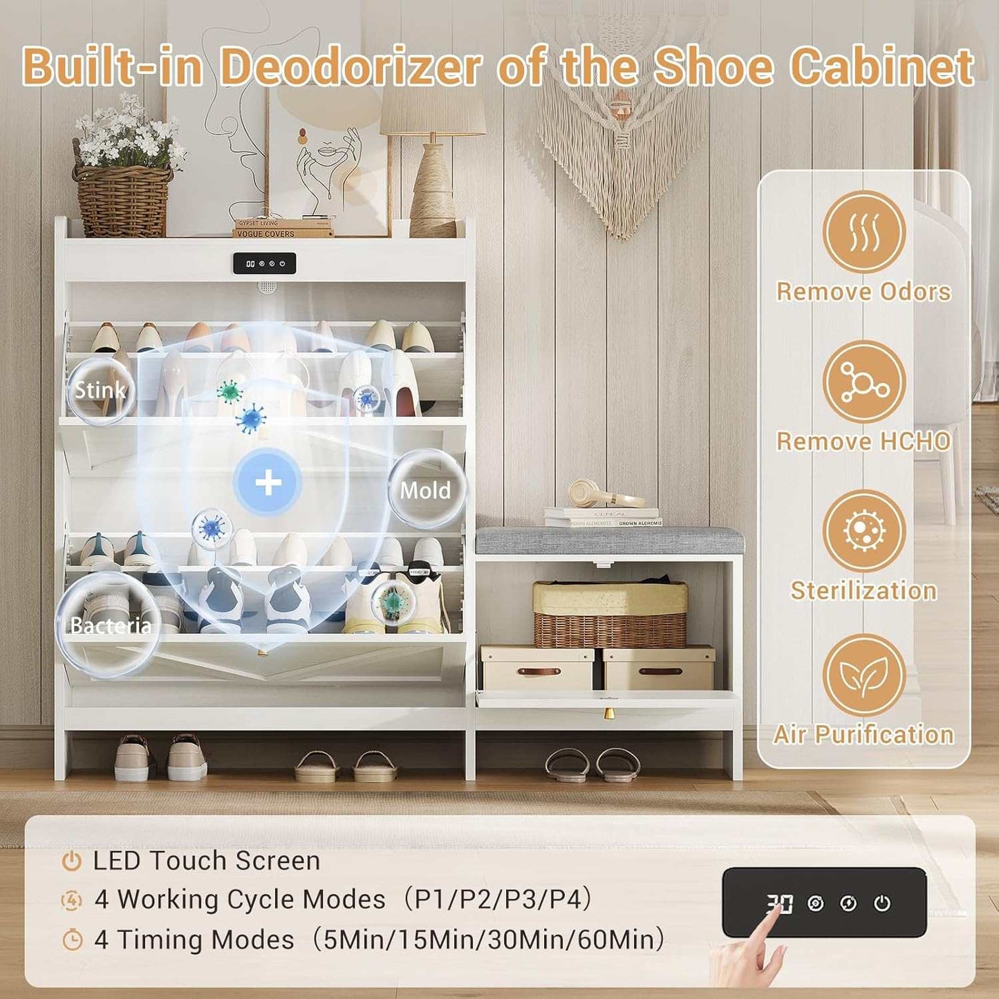 Deodorizing Shoe Benches with Bench and 2 Flip Drawers Walnut White