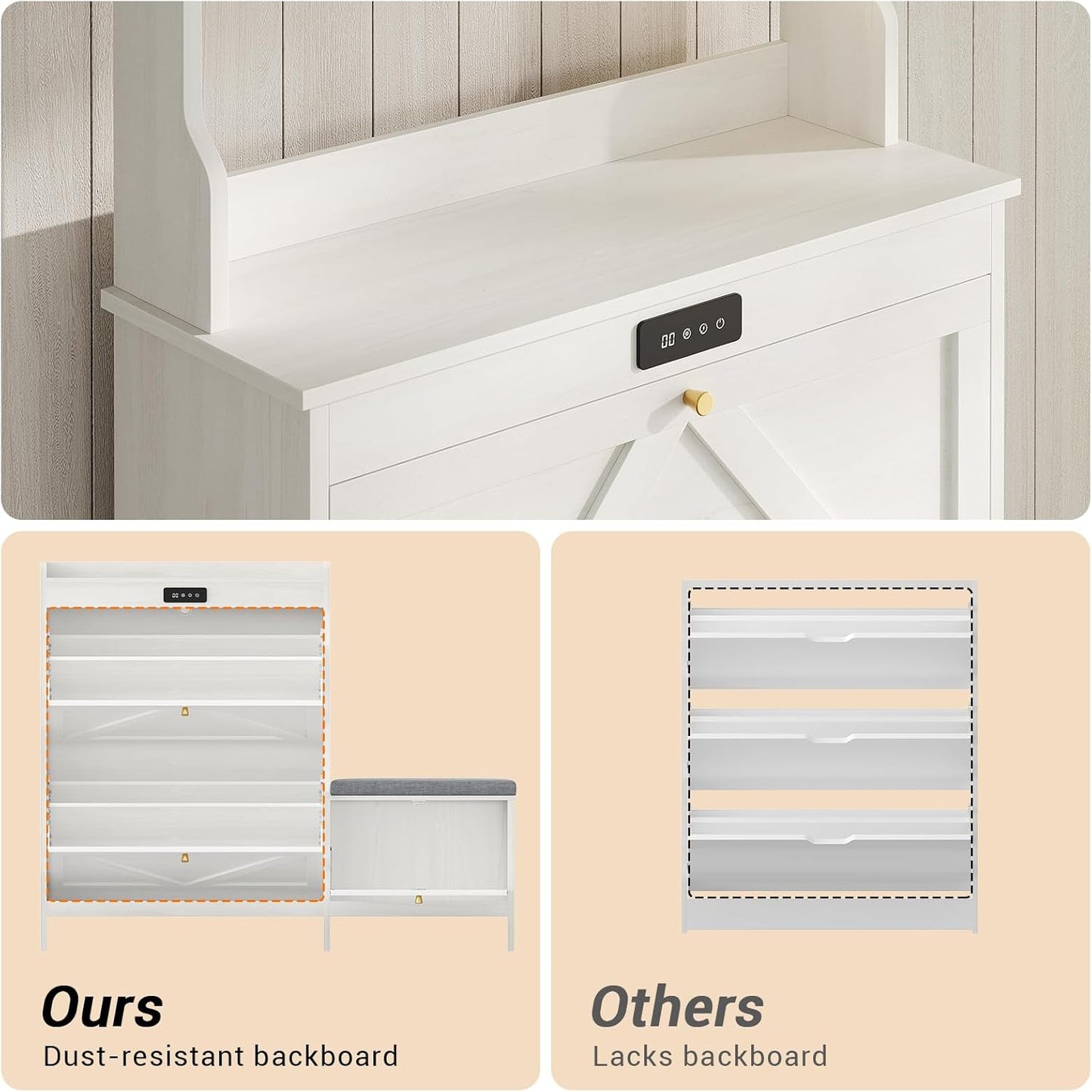 Deodorizing Shoe Benches with Bench and 2 Flip Drawers Walnut White