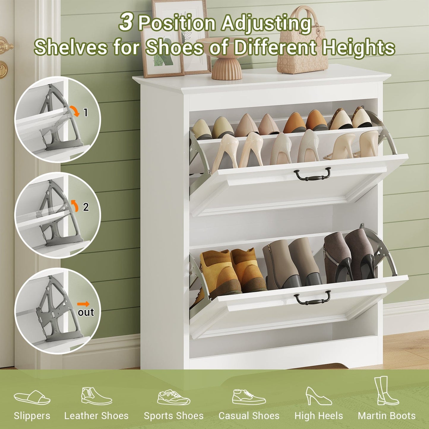 Shoe Cabinet with 2 Flip Drawers and Metal Flip Stand White