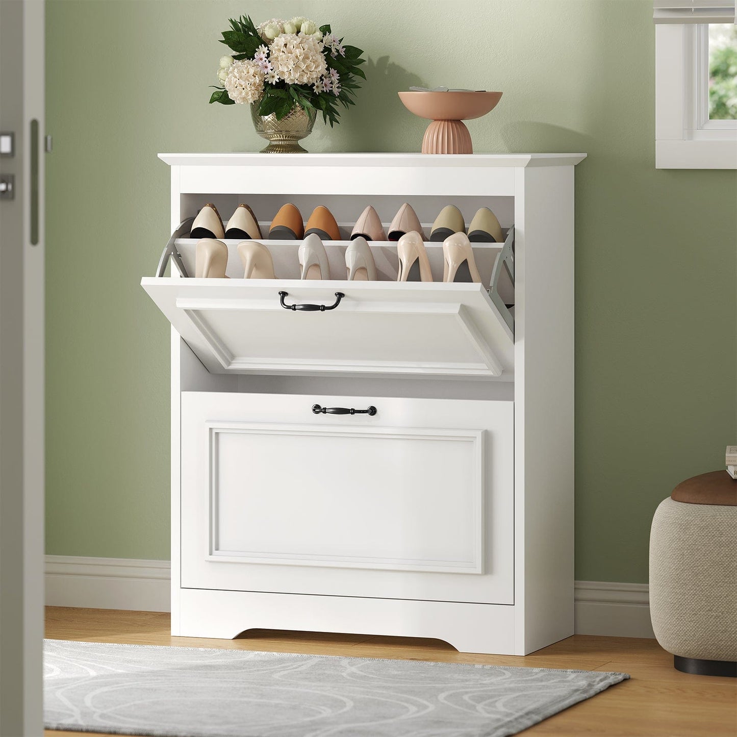 Shoe Cabinet with 2 Flip Drawers and Metal Flip Stand White