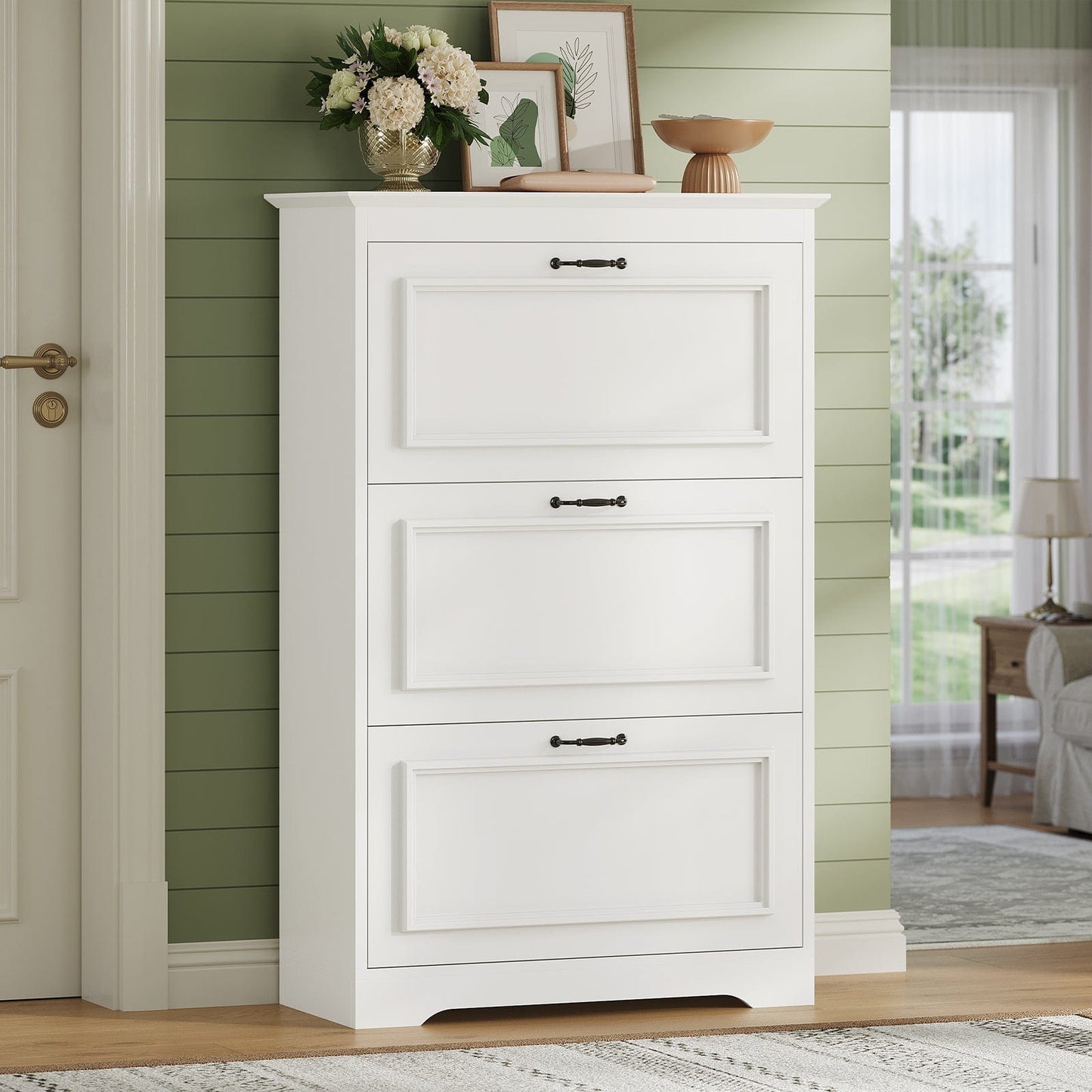 Shoe Cabinet with 3 Flip Drawers and Metal Flip Stand White