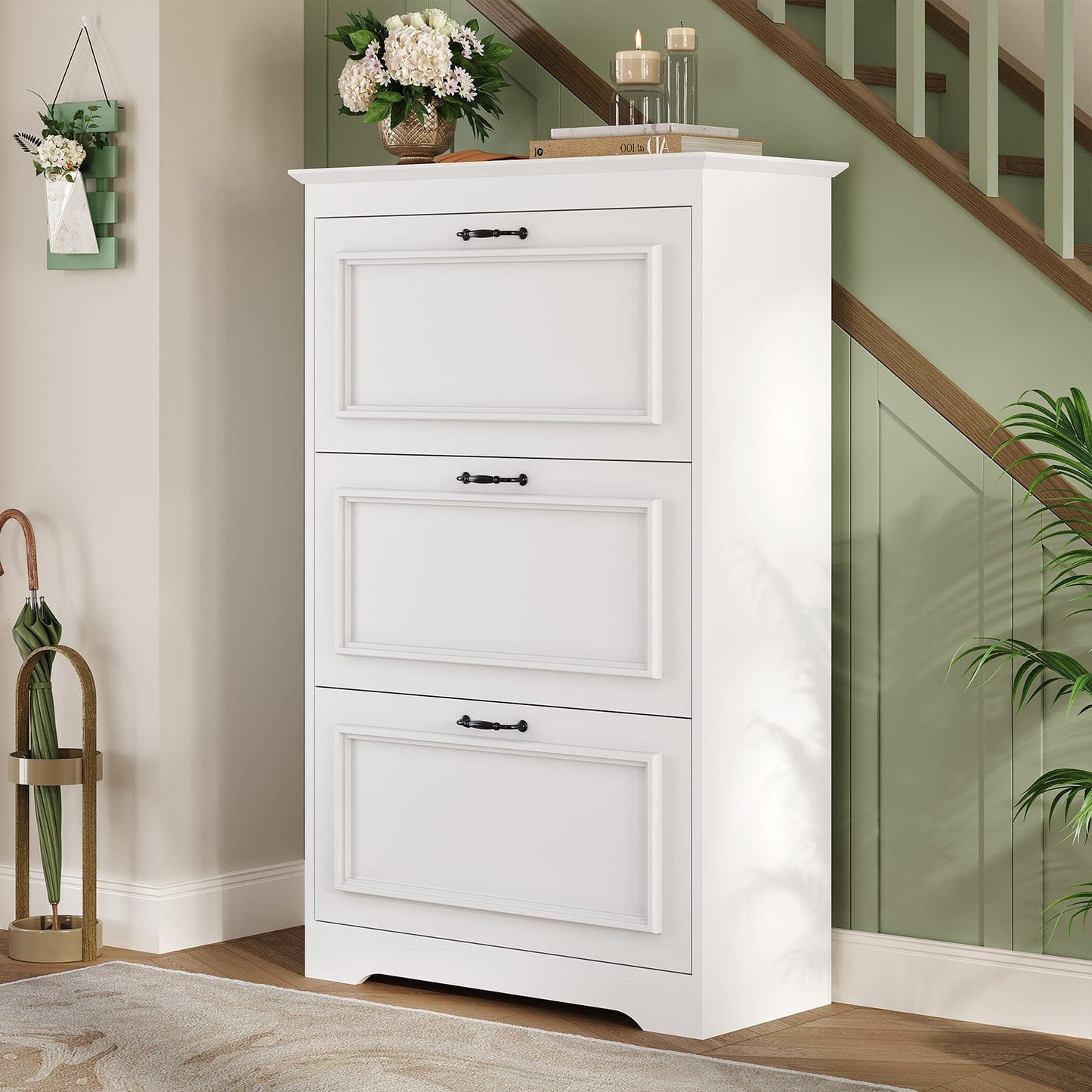 Shoe Cabinet with 3 Flip Drawers and Metal Flip Stand White