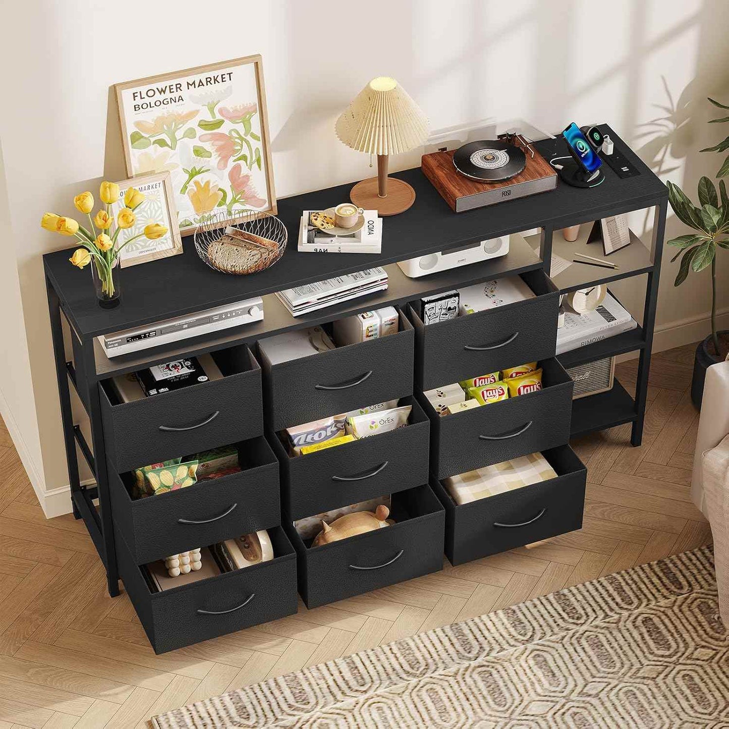 60 Inches LED TV Stand Dresser with Charging Station Black