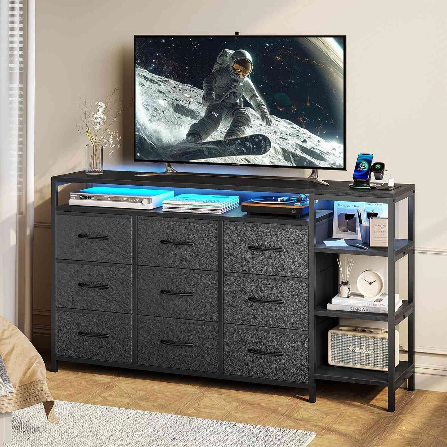 60 Inches LED TV Stand Dresser with Charging Station Black