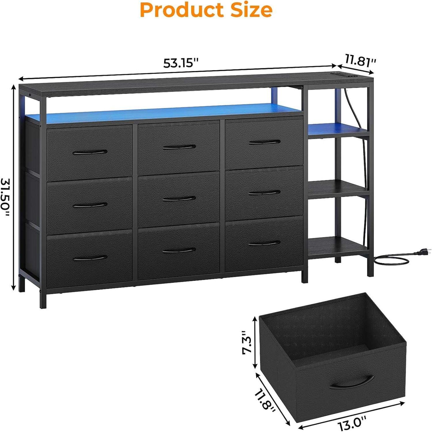 60 Inches LED TV Stand Dresser with Charging Station Black