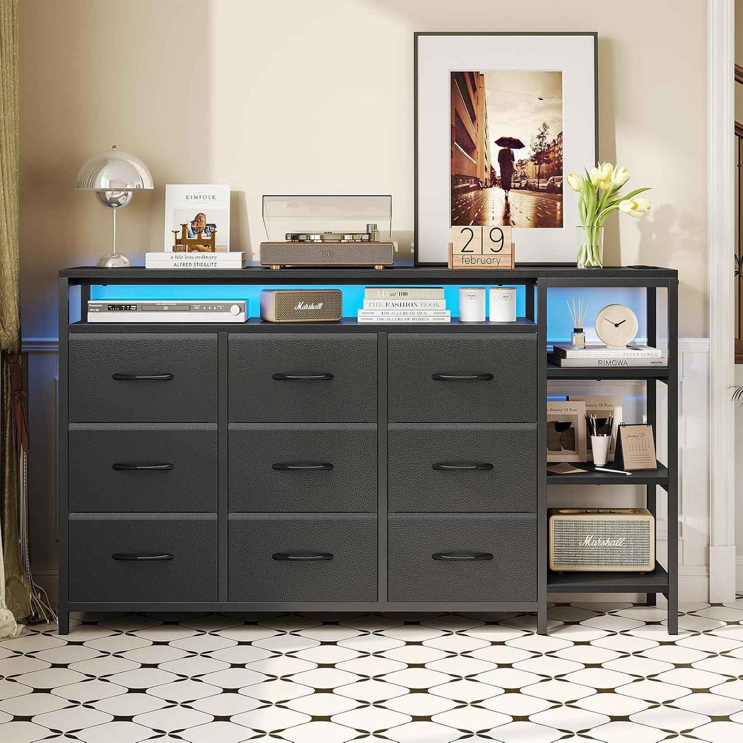 60 Inches LED TV Stand Dresser with Charging Station Black