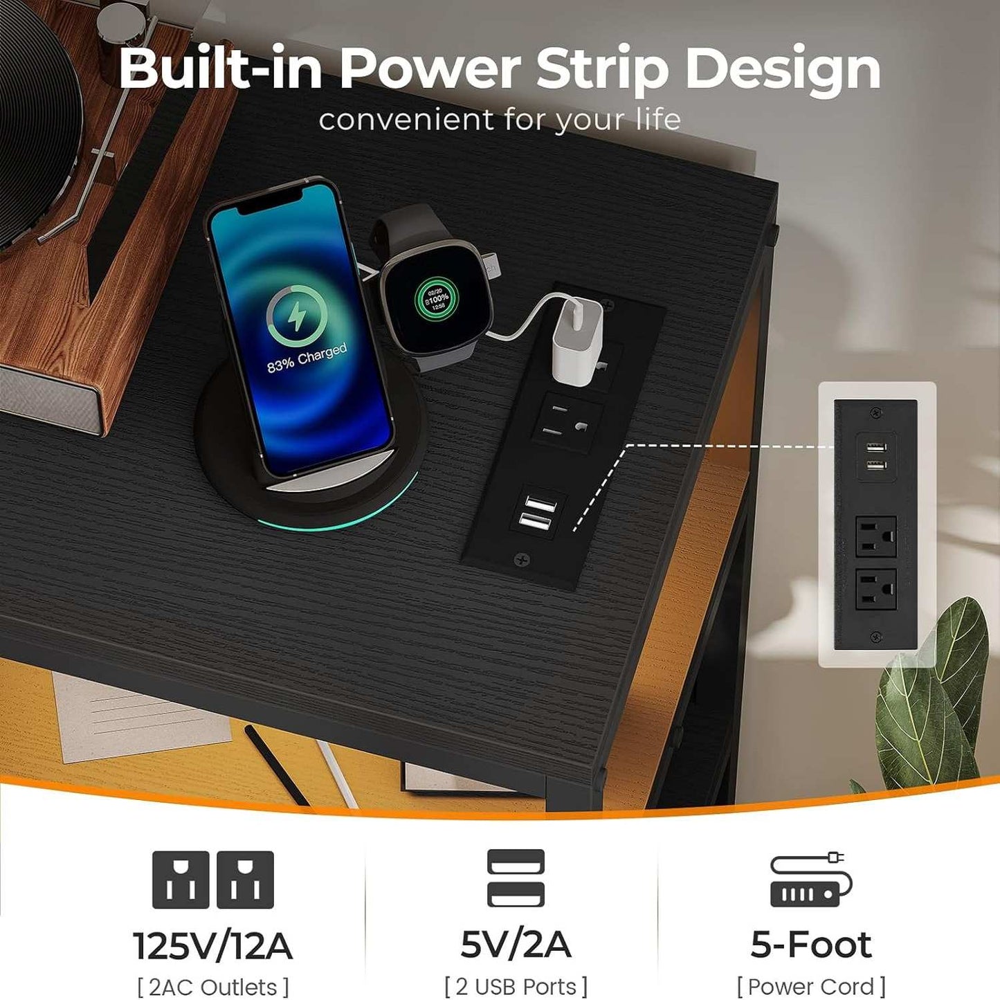 60 Inches LED TV Stand Dresser with Charging Station Black